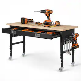 VEVOR - 60-inch Adjustable Workbench, 1500 lbs Load Capacity, Garage Workbench with Drawer, Power Outlet, Wheels, and Pegboard - Beige + Black