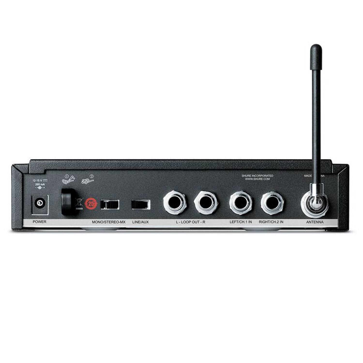 215V 260 SHURE INCORPORATED  
MADE IN USA  
POWER MONO/STEREO-MX LINE/AUX L LOOP OUT - R LEFT/CH1 IN RIGHT/CH2 IN ANTENNA