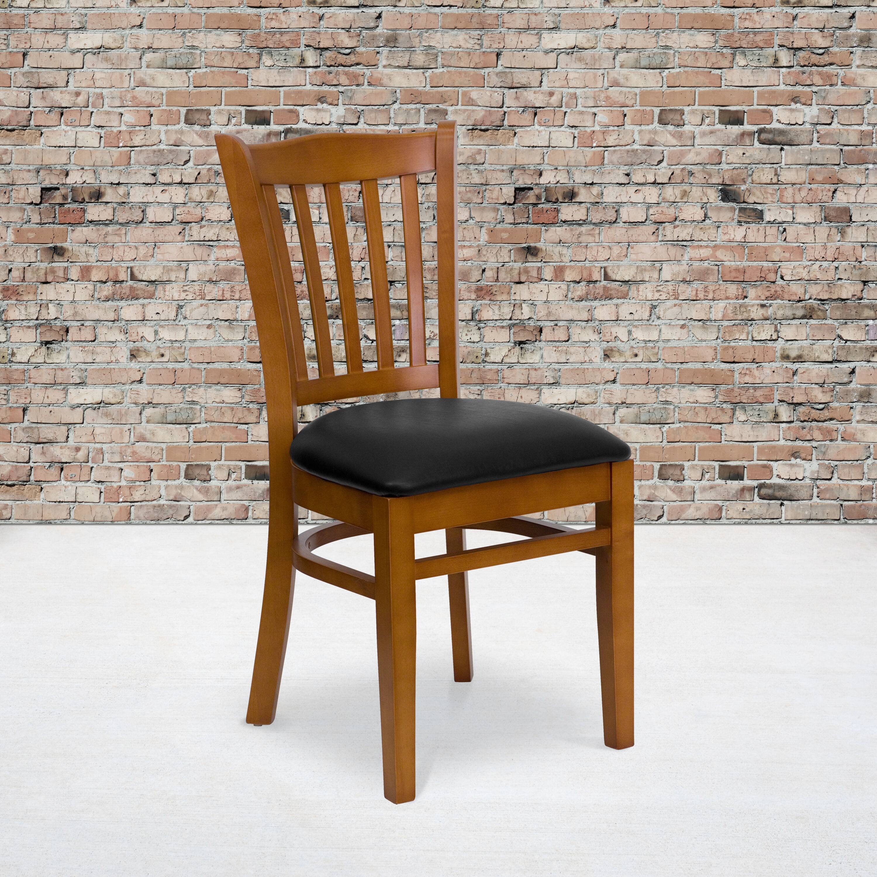 Alt View 1. Emma + Oliver - Vertical Slat Back Wooden Restaurant Dining Chair - Black Vinyl Seat/Cherry Wood Frame.