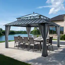 SUNJOY - Kingston 14x12 Gazebo, Steel & PC Roof Hardtop Gazebo with Curtain and Netting - Gray Aluminum Posts