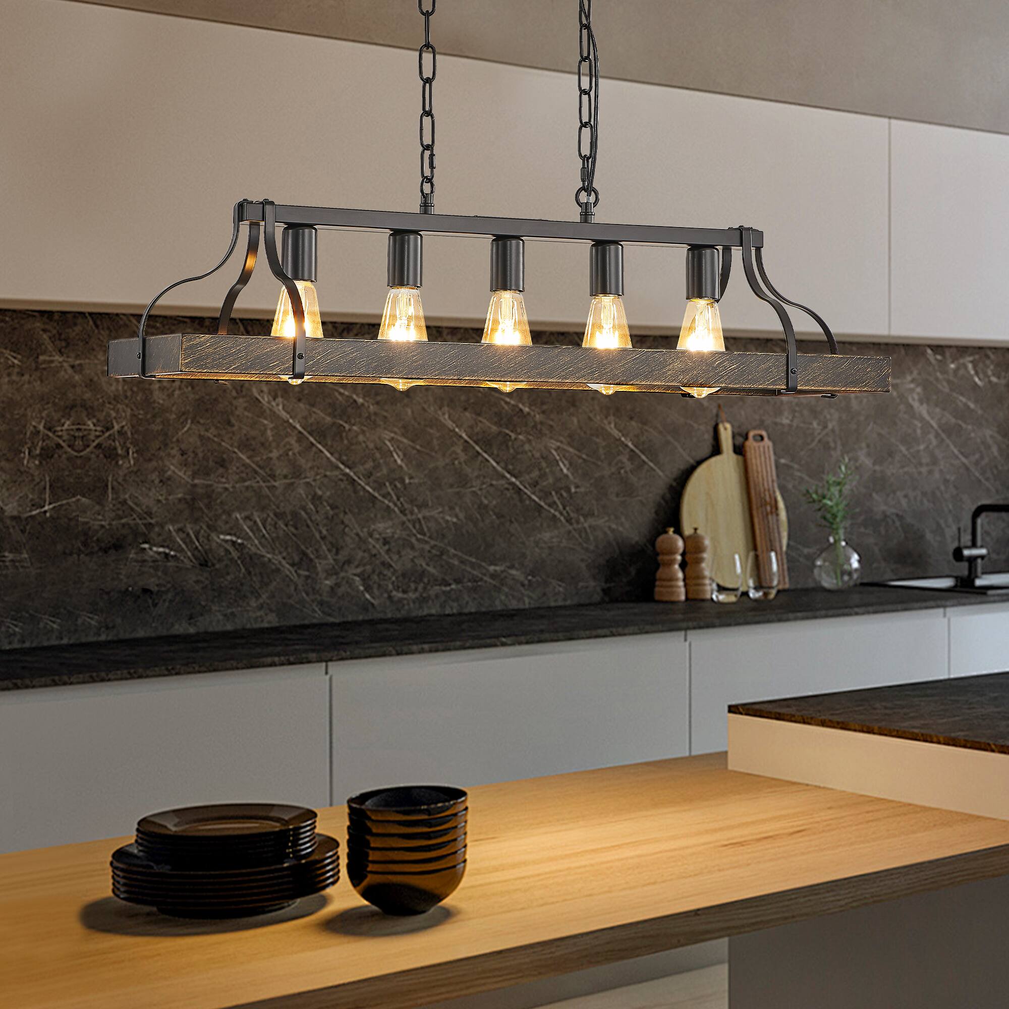 Left. TinyHomie - 34 Inch Black Gold Vintage Pendant Light 5 E26 Bulb Sockets Adjustable Chain Height Antique Style.