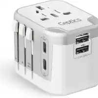 Ceptics - International Plug Adapter, 5 in 1 Universal Power Adapter with 2X USB-A & USB-C, Worldwide Travel Essentials - White