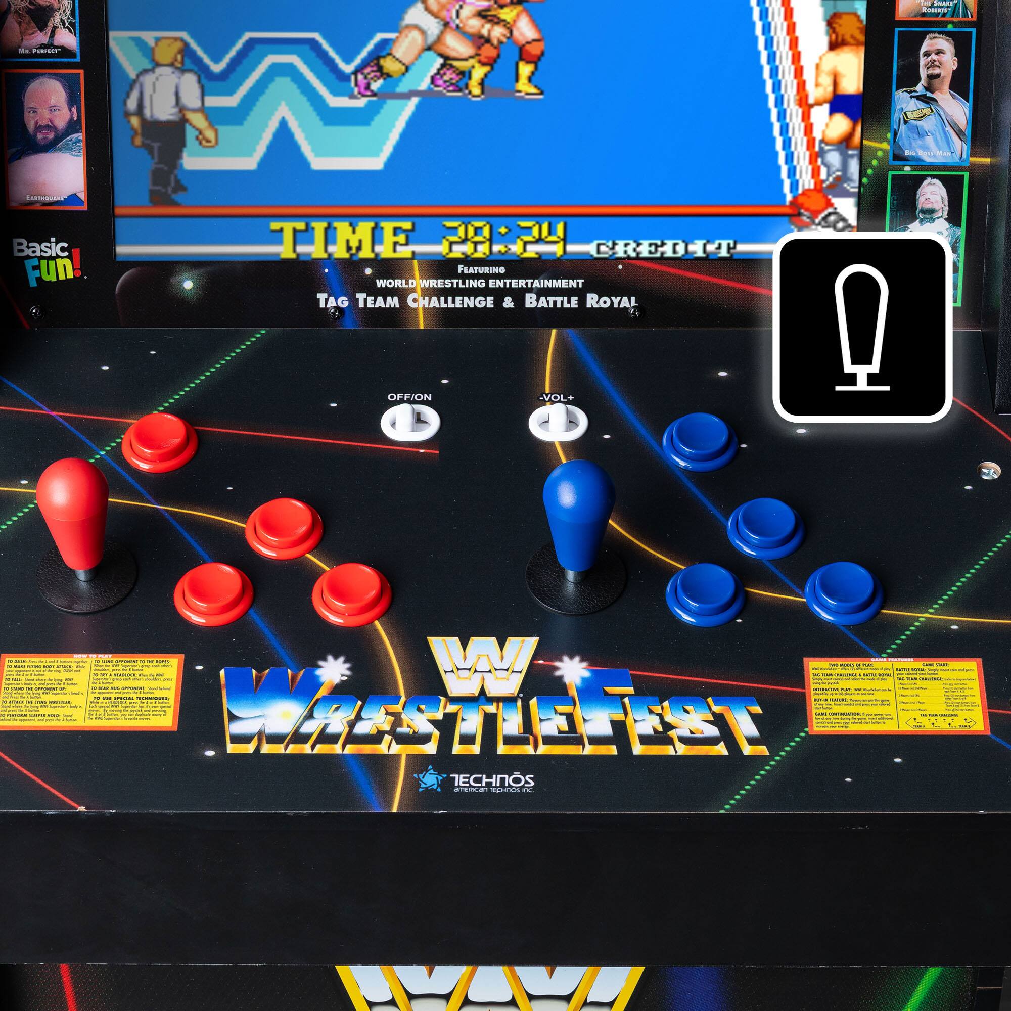 - Basic Fun!
- TIME 28:24
- CREDIT
- WORLD WRESTLING ENTERTAINMENT
- TAG TEAM CHALLENGE & BATTLE ROYAL
- OFF/ON
- VOL+
- WRESTLEFEST
- TECHNOS
- WWW
- (Various wrestler names and images on the screen)