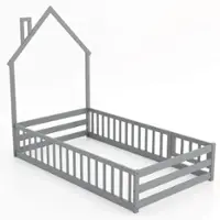 Costway Twin Size Montessori Floor Bed for Toddler with Lockable Door Full-Length Guardrail - Gray - Front_Zoom