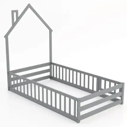 Front. Costway - Twin Size Montessori Floor Bed for Toddler with Lockable Door Full-Length Guardrail - Gray.