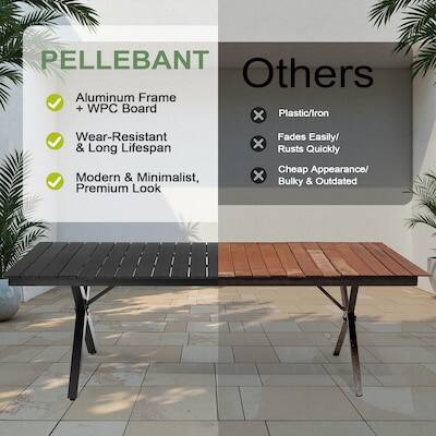 PELLEBANT  
- Aluminum Frame + WPC Board  
- Wear-Resistant & Long Lifespan  
- Modern & Minimalist, Premium Look  

Others  
- Plastic/Iron  
- Fades Easily/ & Rusts Quickly  
- Cheap Appearance/ Bulky & Outdated