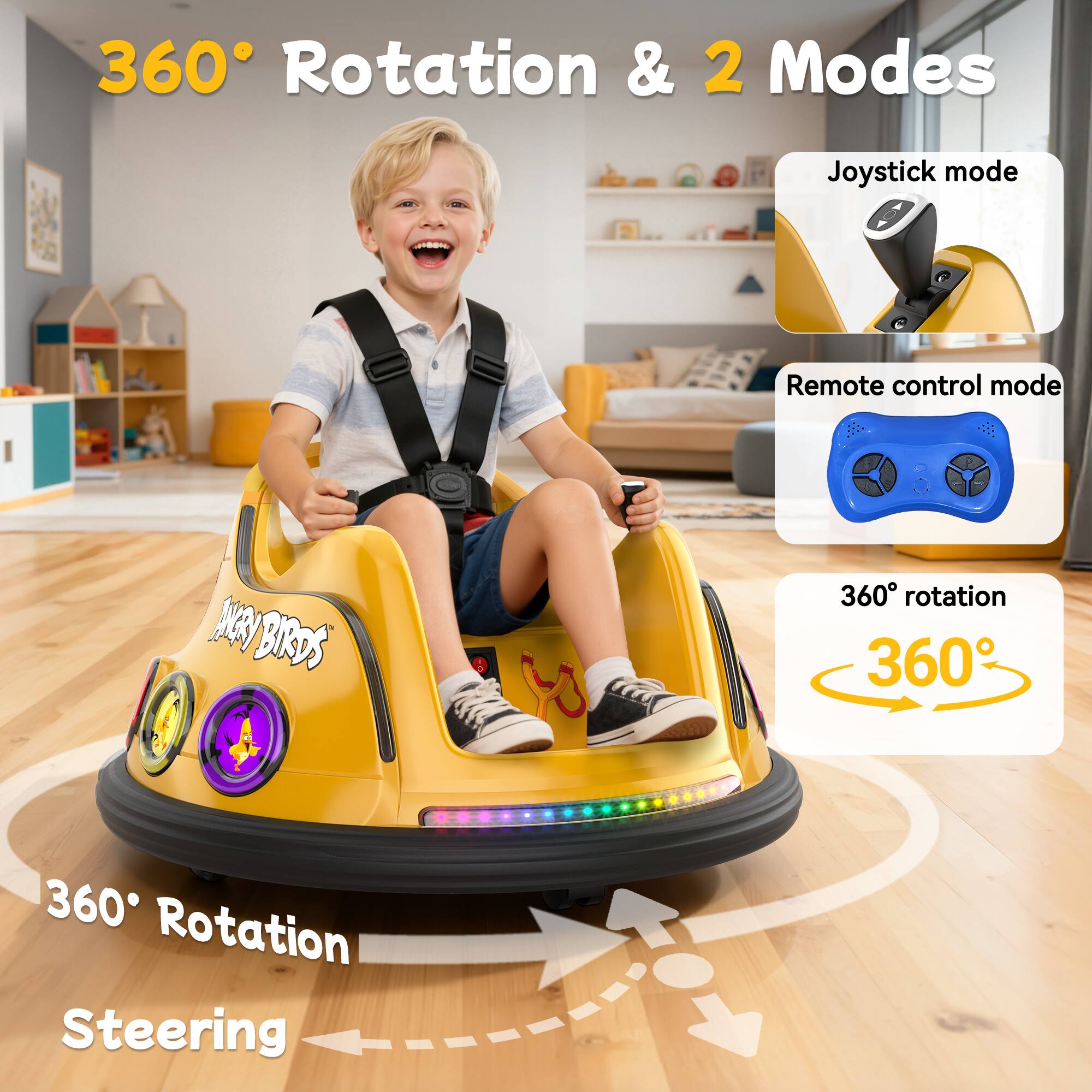 360° Rotation & 2 Modes

Joystick mode
Remote control mode
360° rotation
360° Rotation Steering