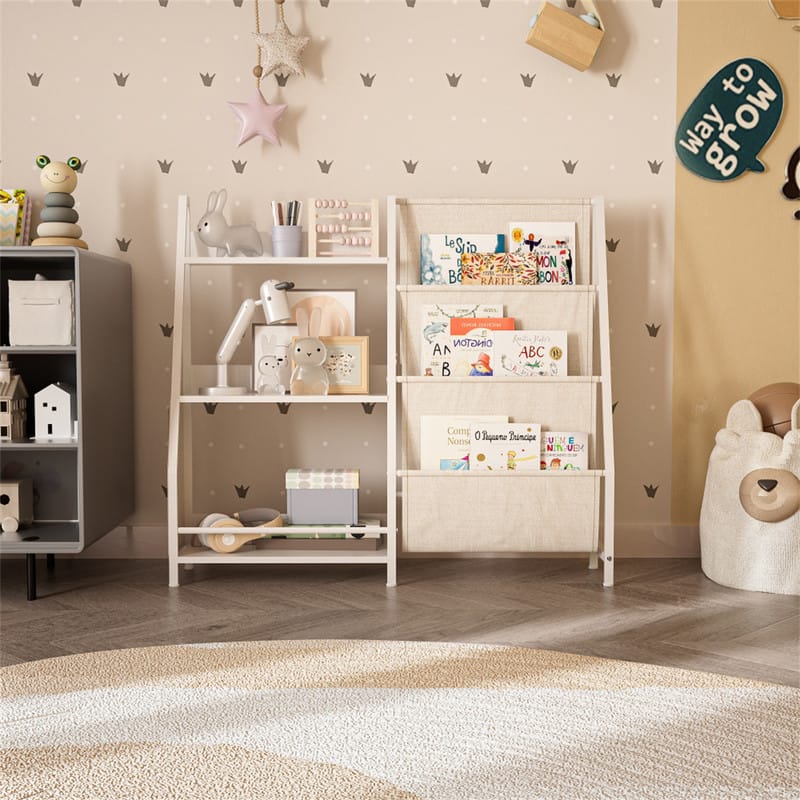 HTUTWOO - Kids Bookshelf and Toy Storage Organizer - Wooden & Fabric Bookcase with Anti-Tip Safety, Toddler Nursery Display Shelf - White