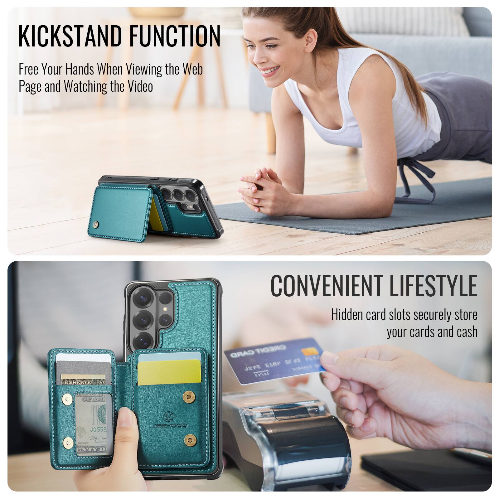 KICKSTAND FUNCTION  
Free Your Hands When Viewing the Web Page and Watching the Video  

CONVENIENT LIFESTYLE  
Hidden card slots securely store your cards and cash  

CARD CREDIT  
4 PESI S1OP or 5 DS FPSE  

JC JC 552 COOHEEL 4