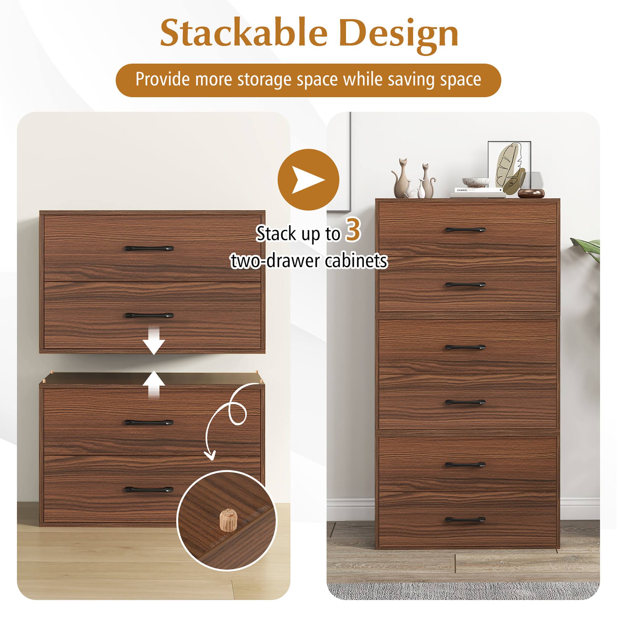 Stackable Design  
Provide more storage space while saving space  

Stack up to 3 two-drawer cabinets