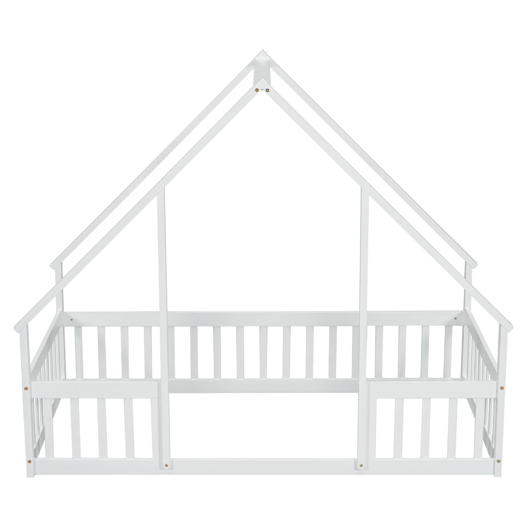 Angle. GOODSILO - House-Shaped Twin Floor Bed with Safety Fence and Guardrails for Children's Playful Sleep Space - White.