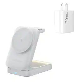 SKRAN - Wireless Charger - 15W Rotating and Folding Magnetic Fast Charging Station, 3-in-1 Phone Stand for Apple Devices - White