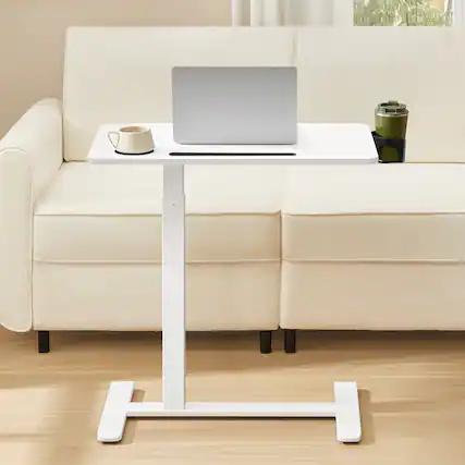 Front. Songmics Home - Overbed Table with Hidden Casters, Mobile Computer Standing Desk,Adjustable Height,2 Cup Holders, Phone and Tablet Slot - Cloud White.