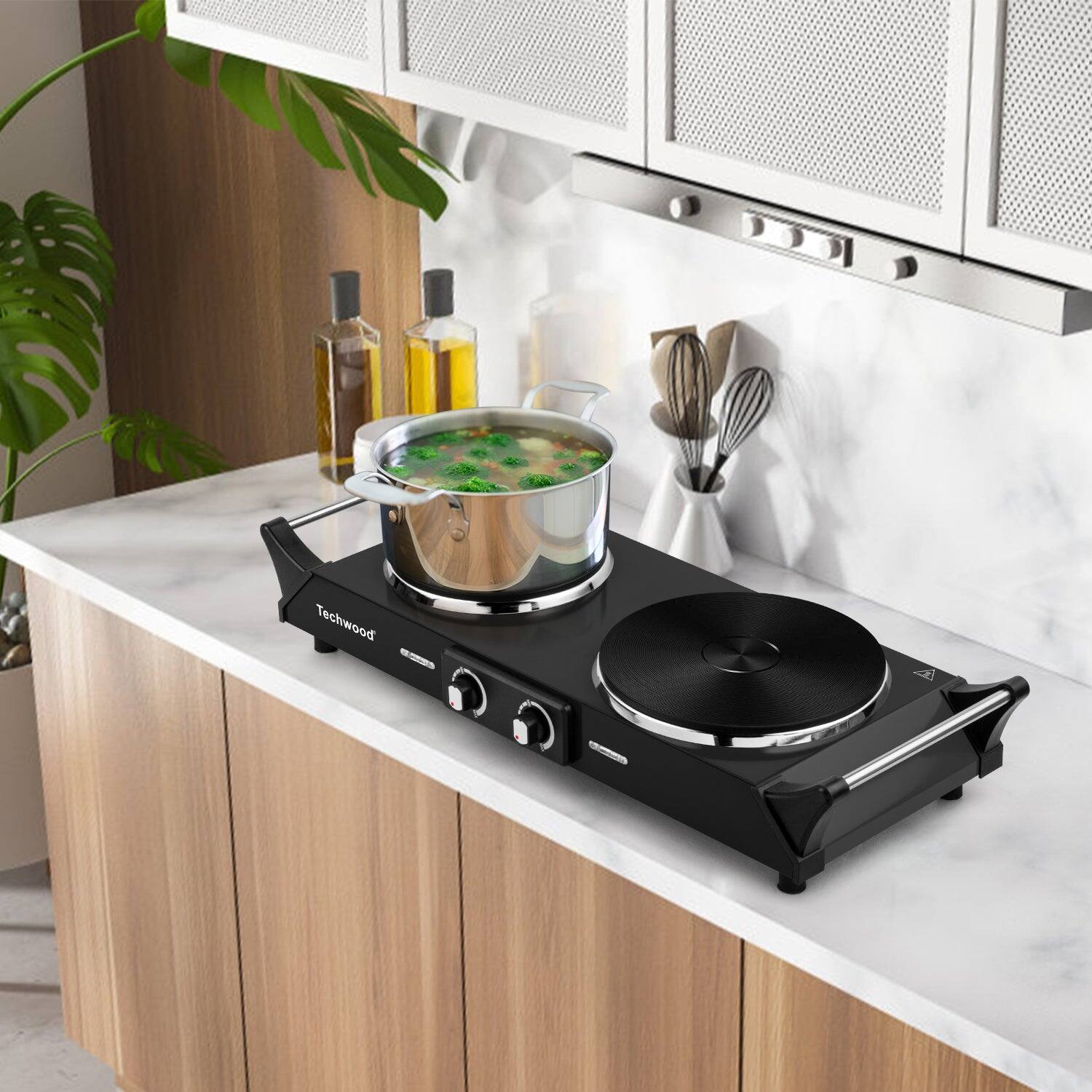 Alt View 2. Techwood - 1300w & 500w Double Burner with Stay Cool Handle, Adjustable Temperature Electric Cooktop for RV Home Camp - Black.