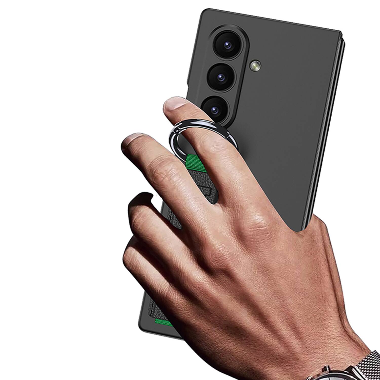 Back. Dteck - Slim Case for Samsung Galaxy Z Fold8 Ultra,Built-in Screen Protector with PU Leather Wristband Grip Ring,PC Back Cover - Black.