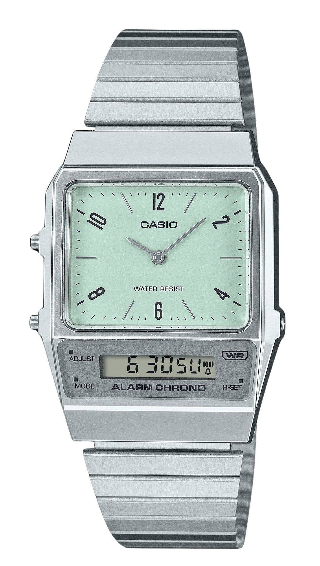 Casio - Vintage Analog Digital Dual Time Stainless Steel Bracelet Green Dial Quartz AQ-800E-3A Unisex Watch - Silver