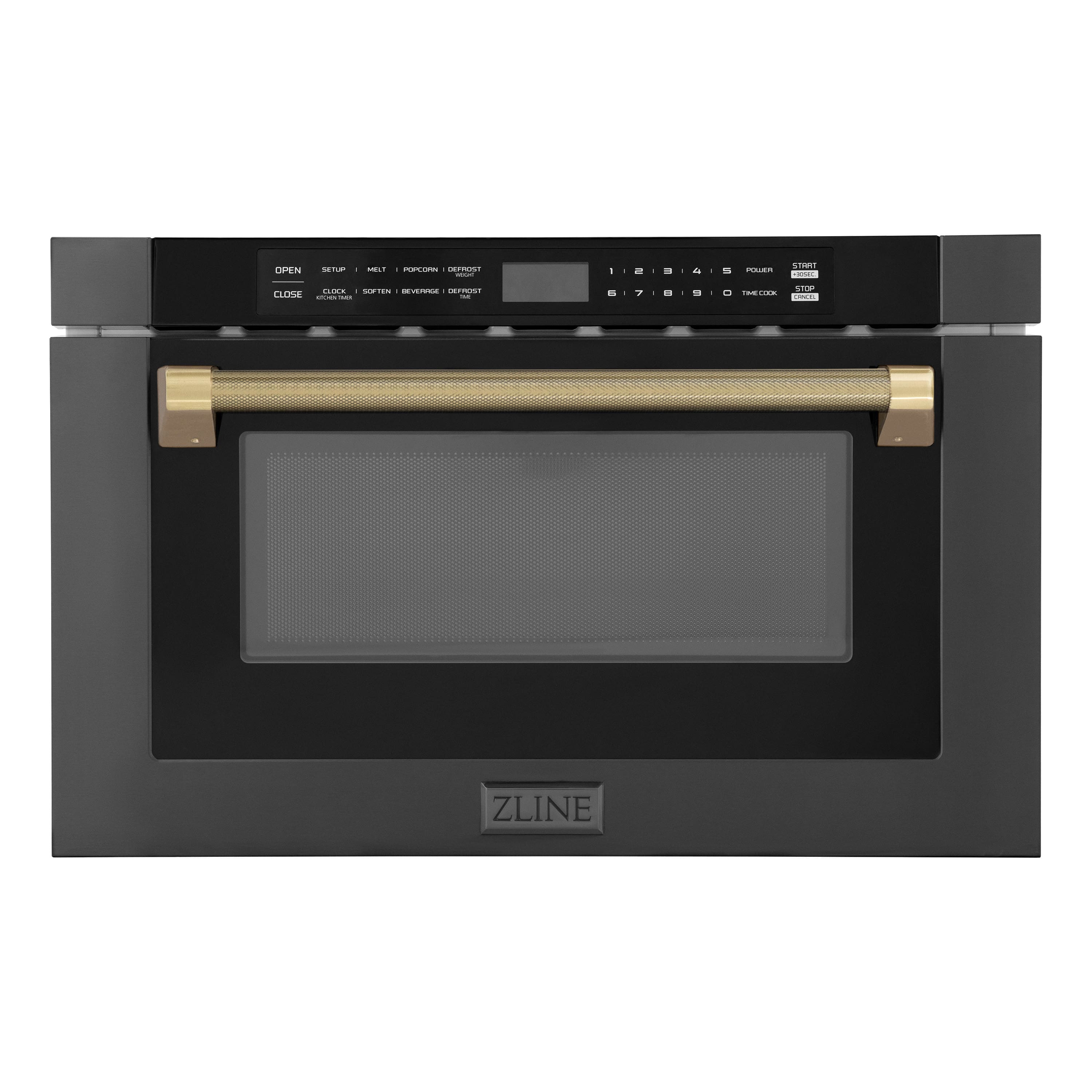 Autograph 24 in. 1.2 cu. ft. Built-in Microwave Drawer in Black Stainless Steel and Champagne Bronze Helix Handle Front
