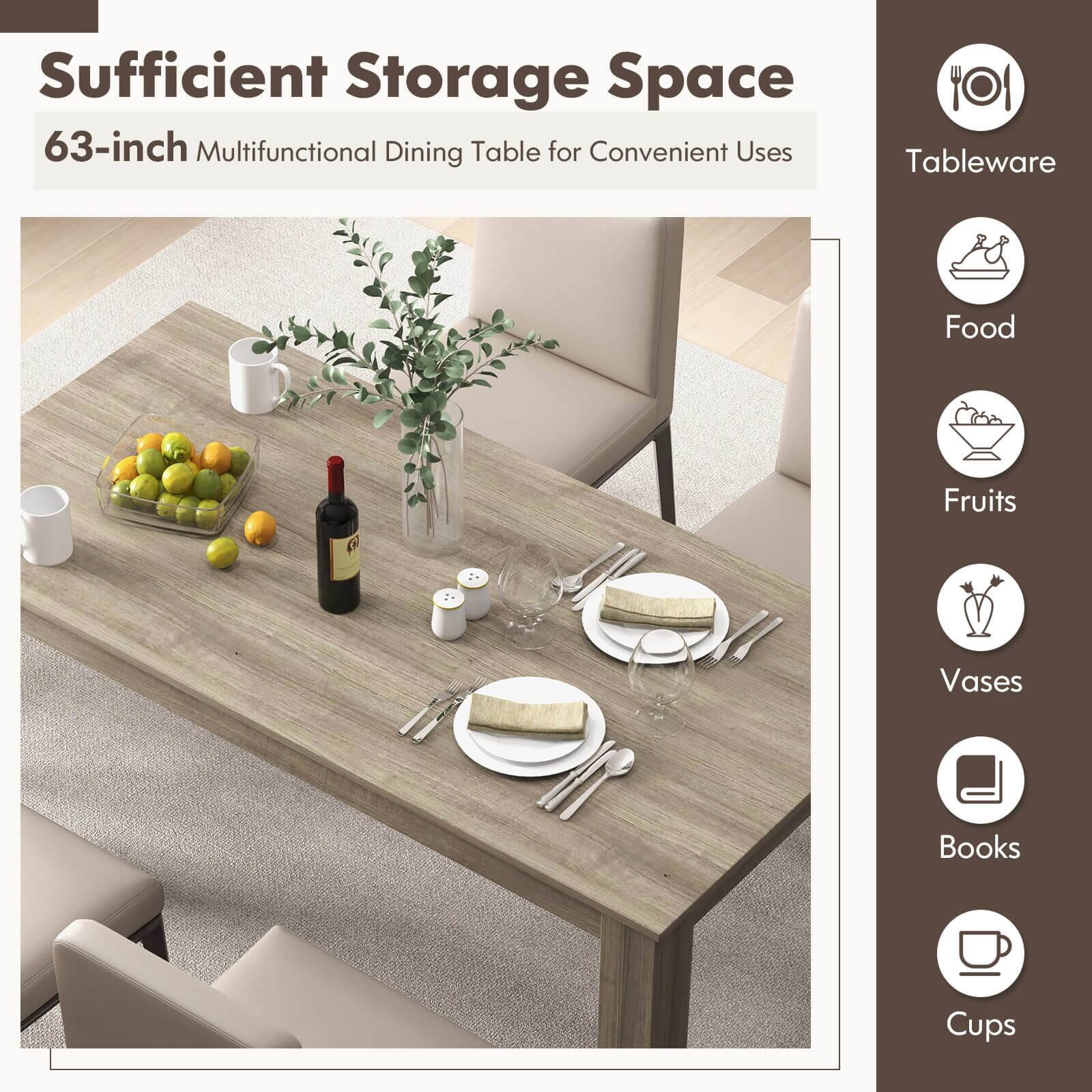Sufficient Storage Space  
63-inch Multifunctional Dining Table for Convenient Uses  

Tableware  
Food  
Fruits  
Vases  
Books  
Cups