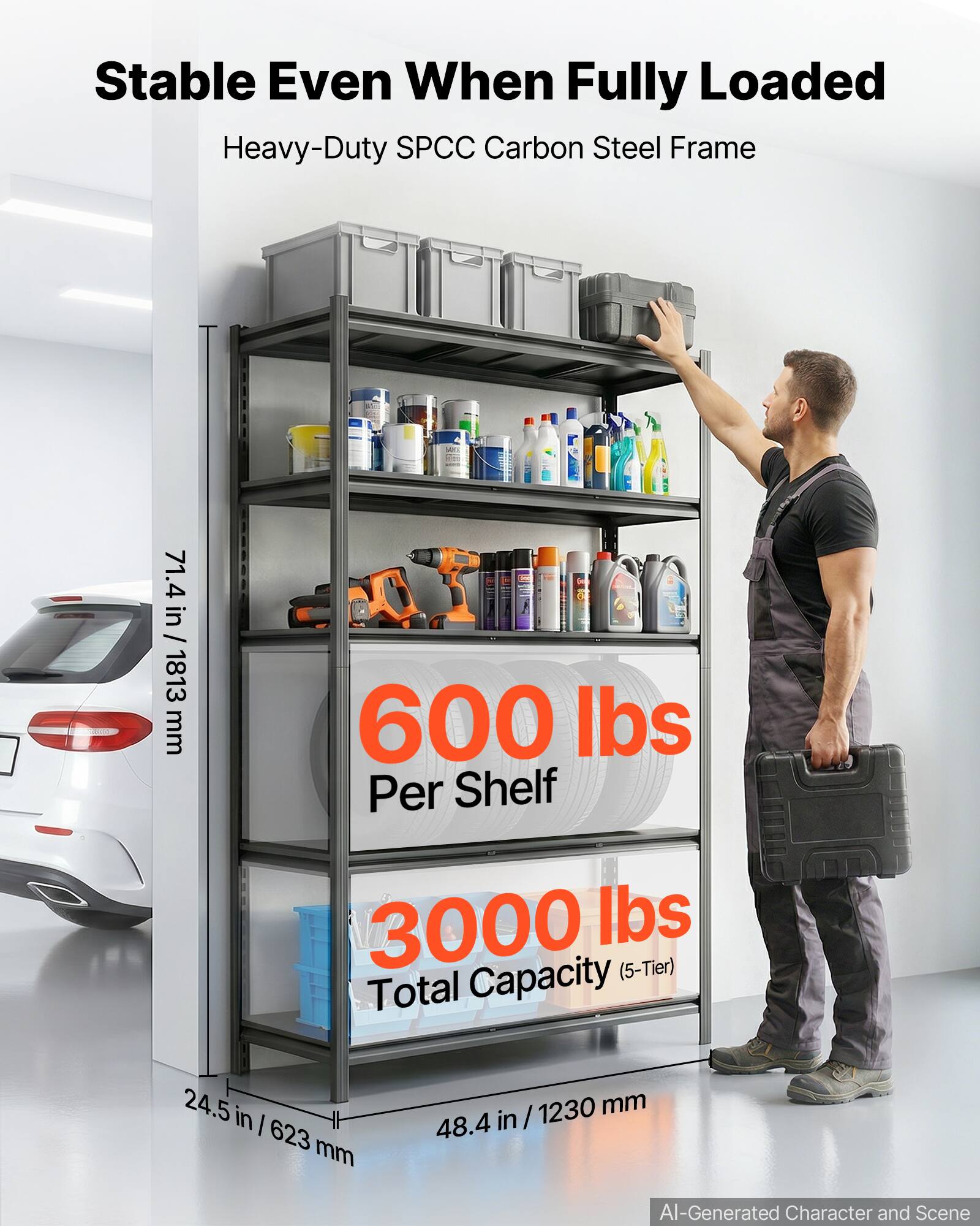 Stable Even When Fully Loaded  
Heavy-Duty SPCC Carbon Steel Frame  
2 71.4 in / 1813 mm  
600 lbs Per Shelf  
3000 lbs Capacity (5-Tier)  
Total 24.5 in / 623 mm  
48.4 in / 1230 mm  
AI-Generated Character and Scene