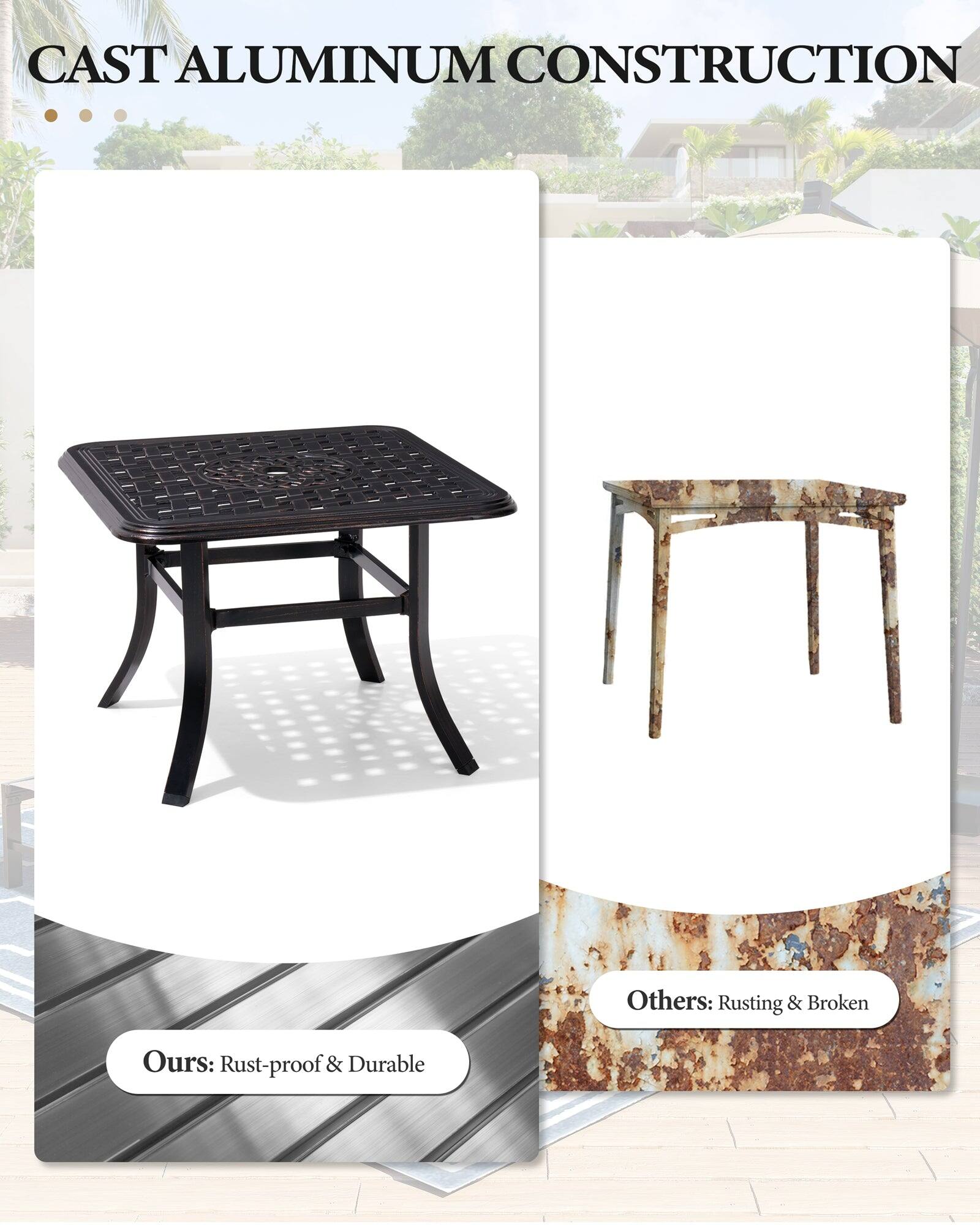 CAST ALUMINUM CONSTRUCTION

Ours: Rust-proof & Durable

Others: Rusting & Broken