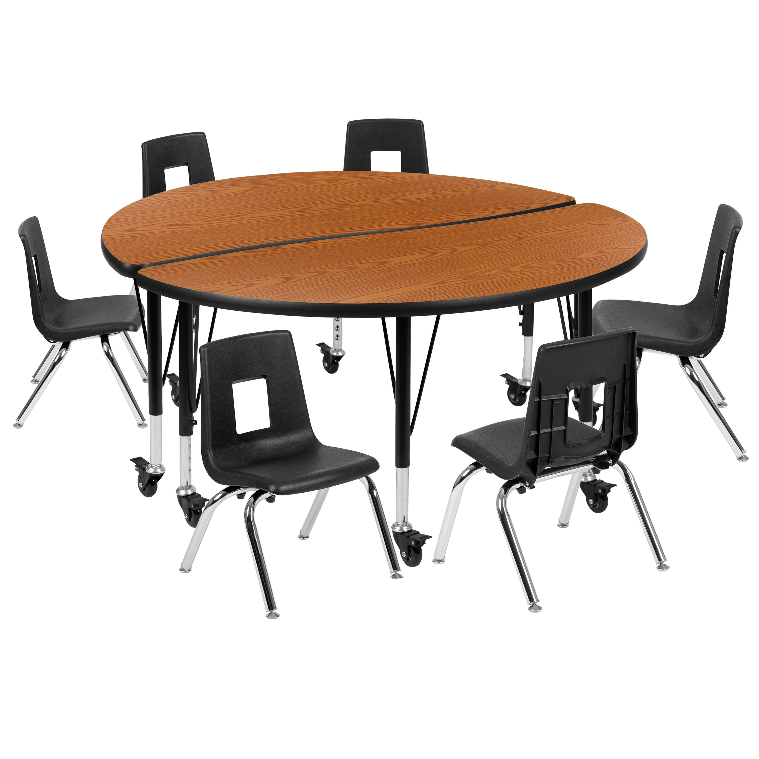 Alt View 1. Emma + Oliver - Mobile 47.5" Circle Wave Collaborative Laminate Activity Table Set with 12" Student Stack Chairs, Grey/Black - Oak.