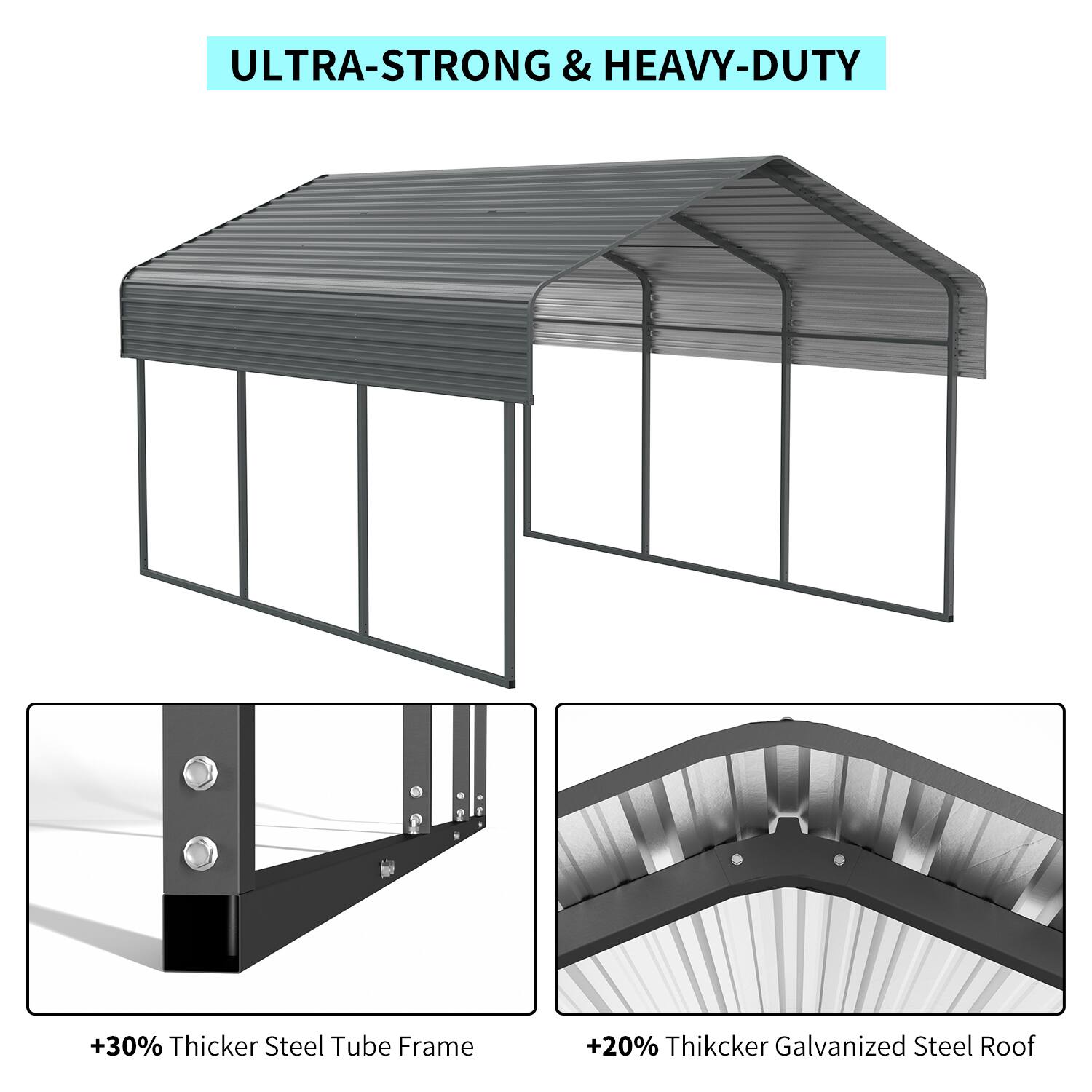 ULTRA-STRONG & HEAVY-DUTY

+30% Thicker Steel Tube Frame

+20% Thicker Galvanized Steel Roof