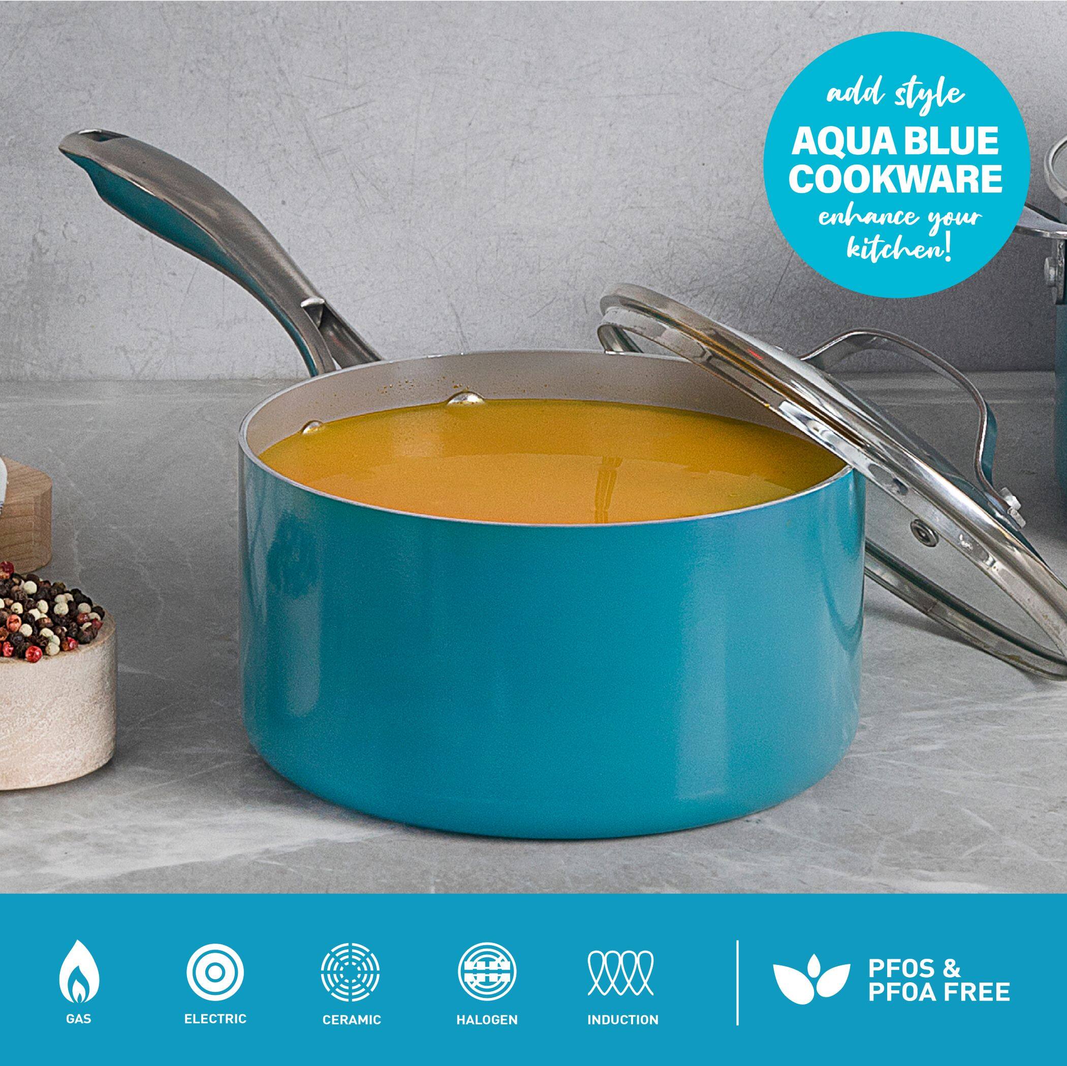 add style  
AQUA BLUE COOKWARE  
enhance your kitchen!  

GAS  
ELECTRIC  
CERAMIC  
HALOGEN  
INDUCTION  

PFOS & PFOA FREE