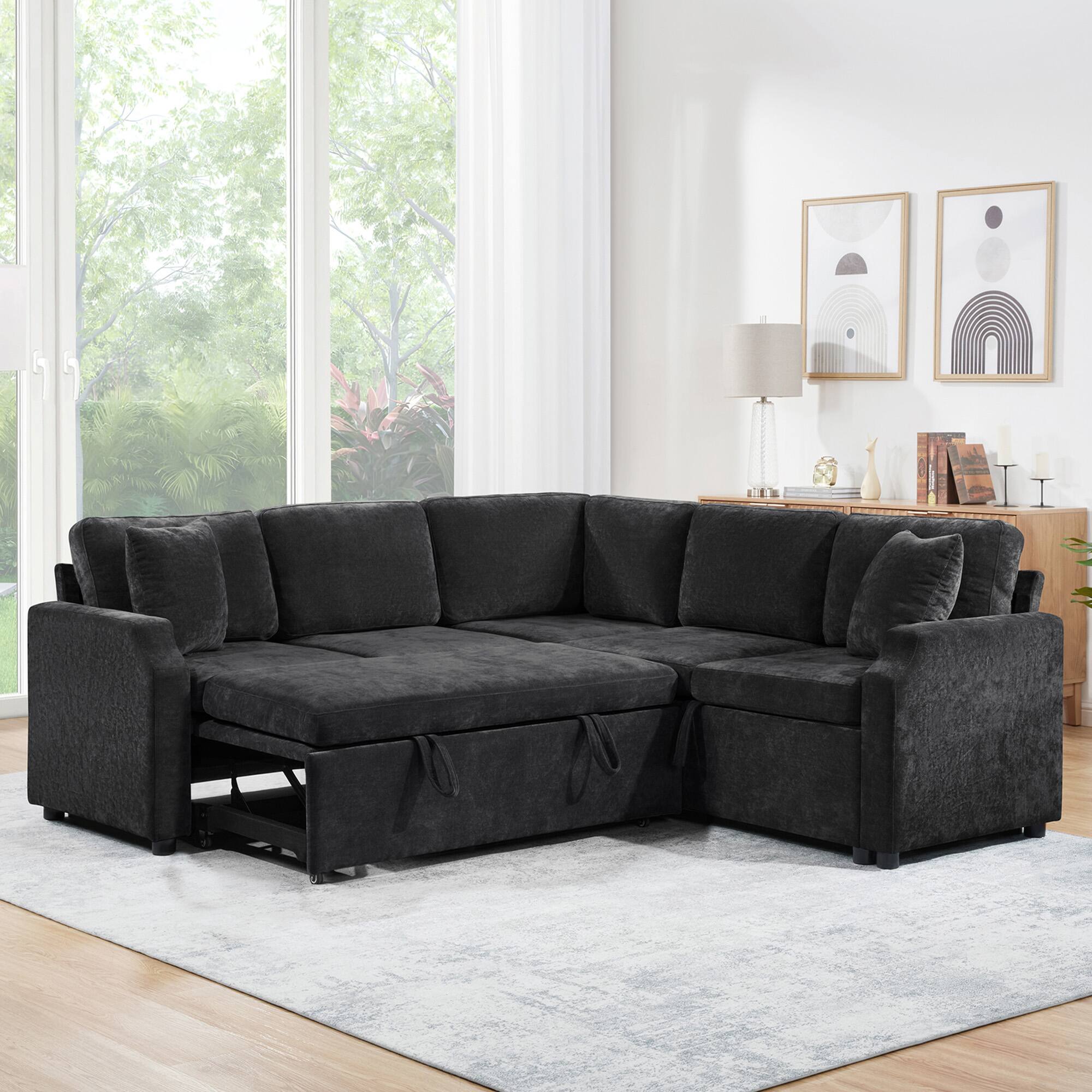 Whisen - Upholstered L-Shaped Sectional Sofa Bed with Pull-Out Sleeper & Storage for Living Room - Black