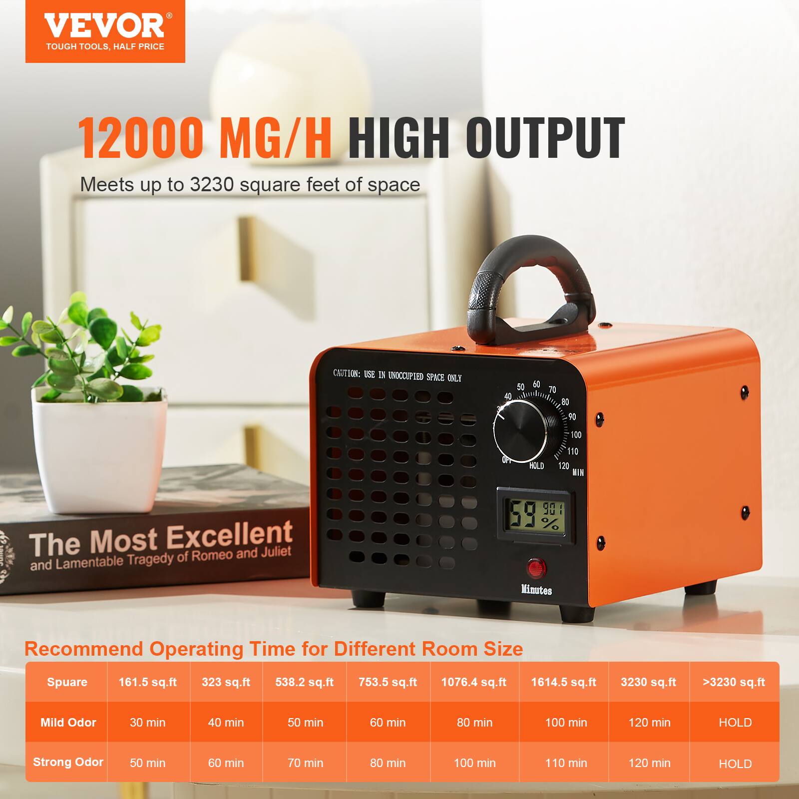 VEVOR  
TOUGH TOOLS, HALF PRICE  

12000 MG/H HIGH OUTPUT  
Meets up to 3230 square feet of space  

CAUTION: USE IN UNOCCUPIED SPACE ONLY  

The Most Excellent and Lamentable Tragedy of Romeo and Juliet  

Recommend Operating Time for Different Room Size  

| Square | 161.5 sq.ft | 323 sq.ft | 538.2 sq.ft | 753.5 sq.ft | 1076.4 sq.ft | 1614.5 sq.ft | 3230 sq.ft | >3230 sq.ft |
|--------|------------|----------|------------|------------|-------------|-------------|------------|------------|
| Mild Odor | 30 min | 40 min | 50 min | 60 min | 80 min | 100 min | 120 min | HOLD |
| Strong Odor | 50 min | 60 min | 70 min | 80 min | 100 min | 110 min | 120 min | HOLD |