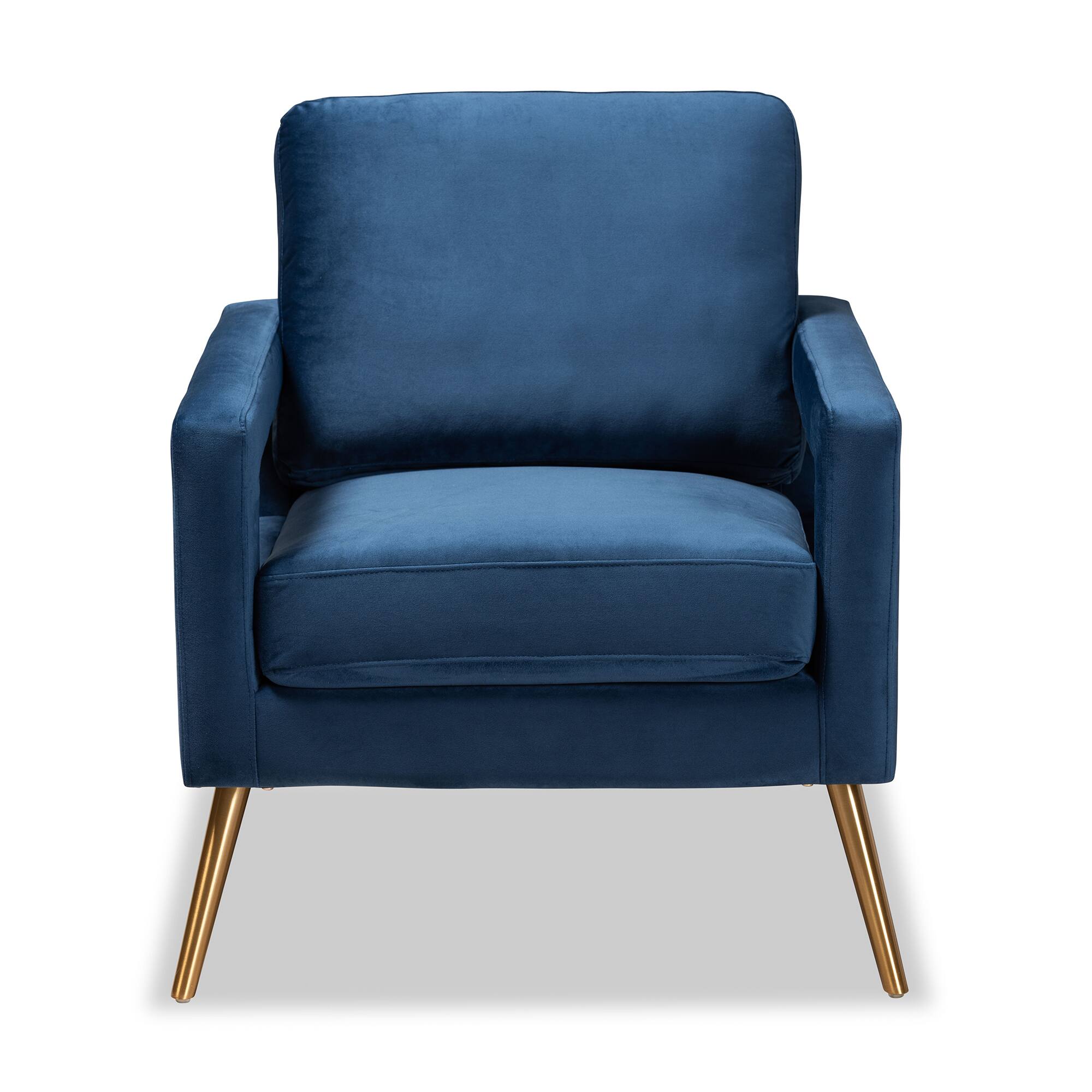 Angle. Baxton Studio - Leland Glam and Luxe Velvet Fabric Upholstered and Gold Finished Armchair - Navy Blue/Gold.