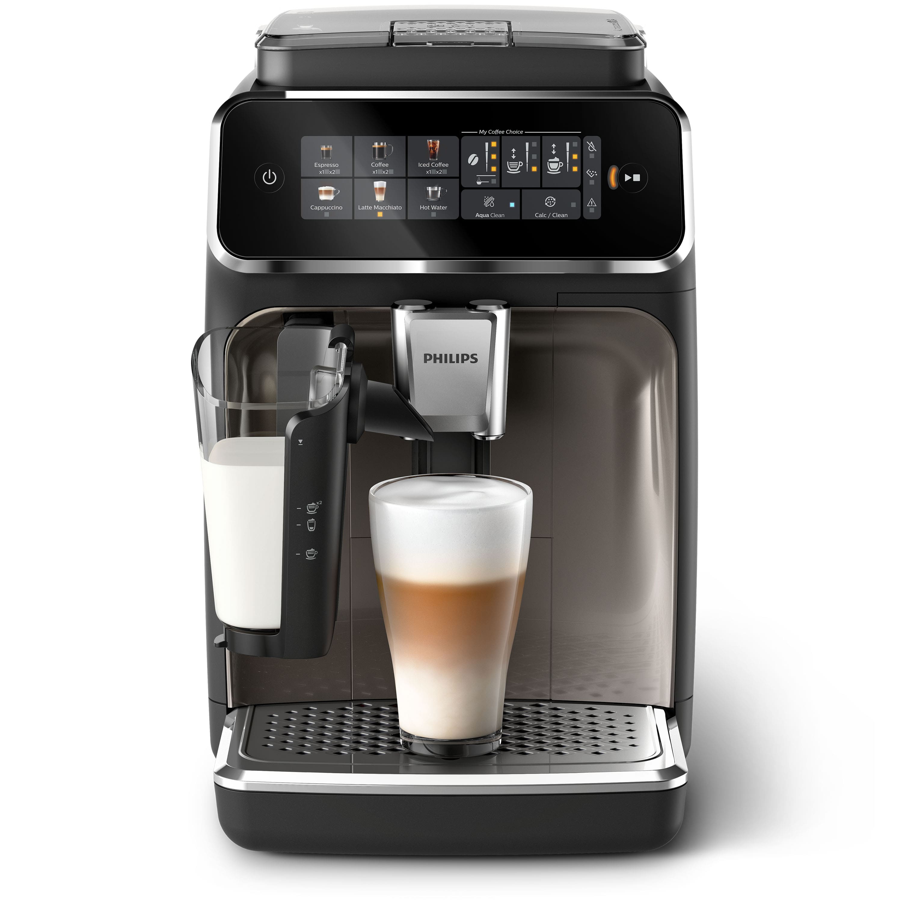 The image features a black and silver coffee maker with a cup of coffee inside. The coffee maker has a digital display, and the coffee appears to be a cappuccino. The coffee maker is likely a Philips brand, as it is described as a "Philips coffee maker."