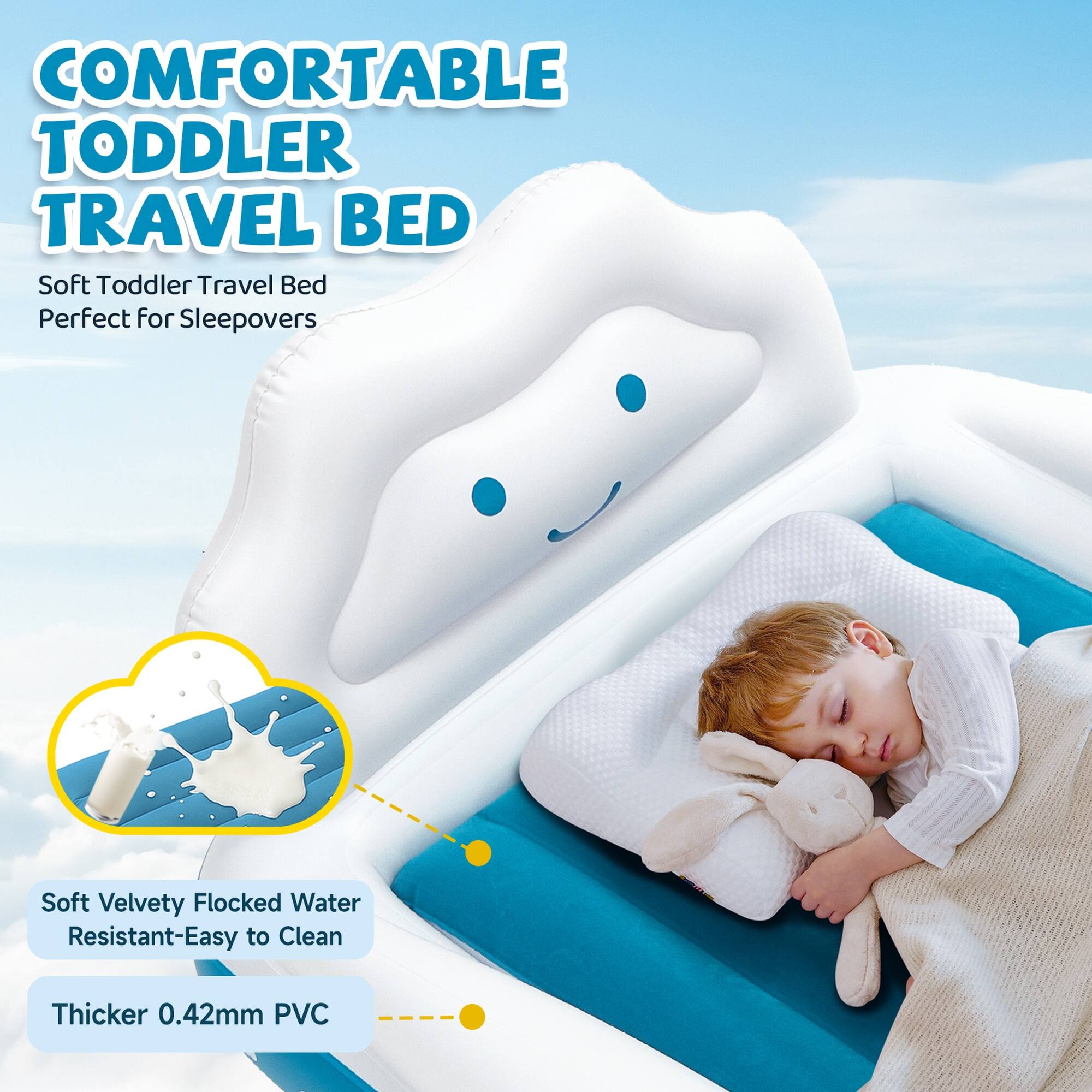 COMFORTABLE TODDLER TRAVEL BED  
Soft Toddler Travel Bed Perfect for Sleepovers  

Soft Velvety Flocked Water Resistant-Easy to Clean  
Thicker 0.42mm PVC