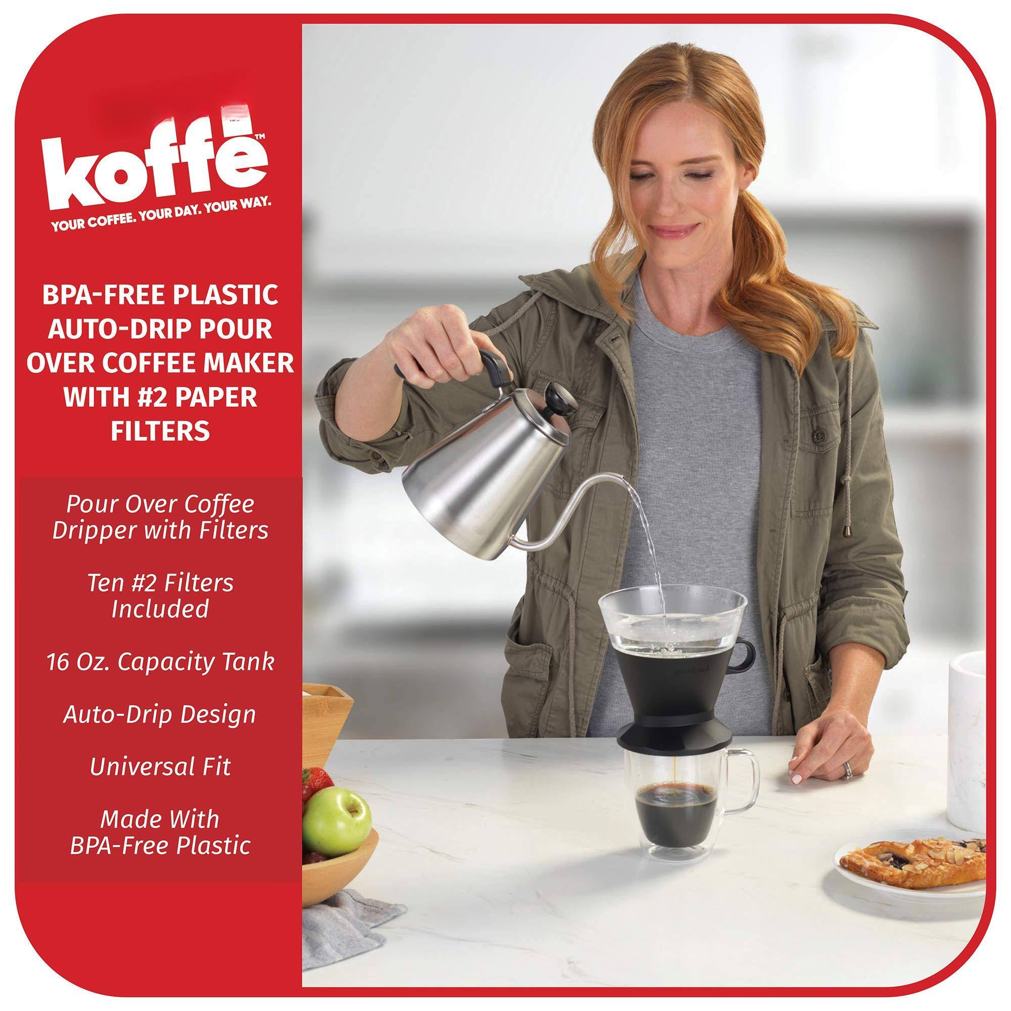 **koffe™**  
YOUR COFFEE. YOUR DAY. YOUR WAY.

**BPA-FREE PLASTIC AUTO-DRIP POUR OVER COFFEE MAKER WITH #2 PAPER FILTERS**

- Pour Over Coffee Dripper with Filters
- Ten #2 Filters Included
- 16 Oz. Capacity Tank
- Auto-Drip Design
- Universal Fit
- Made With BPA-Free Plastic