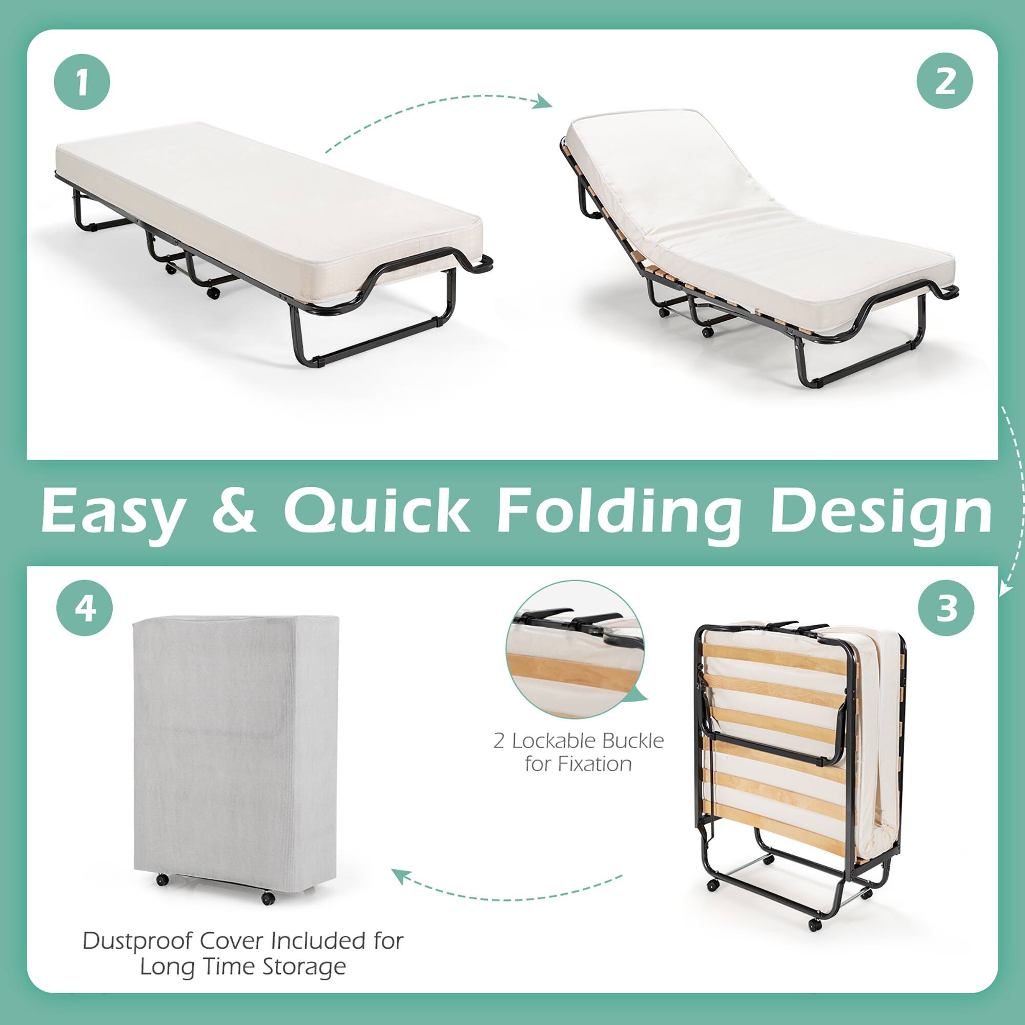 1. Easy & Quick Folding Design

2. Lockable Buckle for Fixation

3. Dustproof Cover Included for Long Time Storage