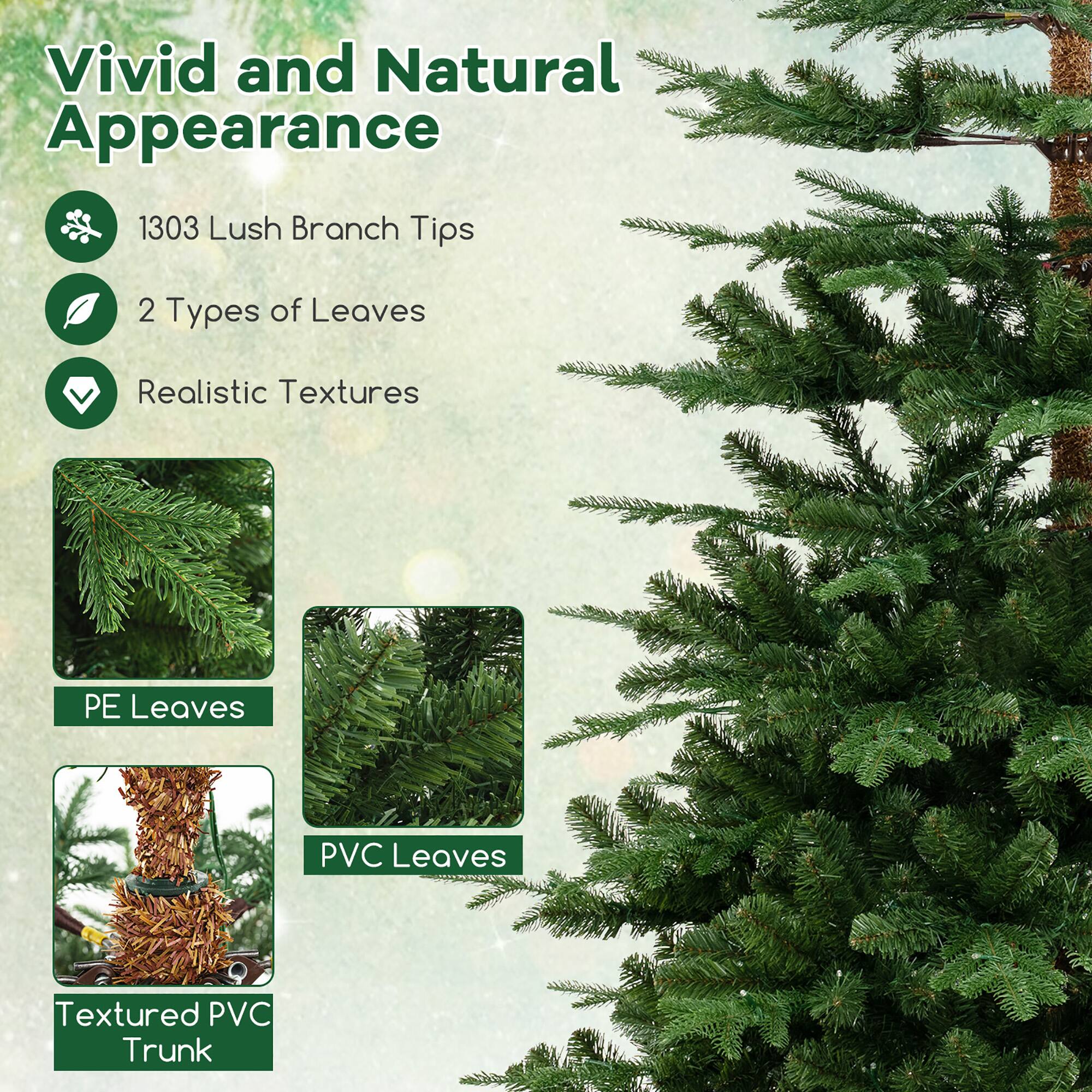 Vivid and Natural Appearance

- 1303 Lush Branch Tips
- 2 Types of Leaves
- Realistic Textures

PE Leaves

PVC Leaves

Textured PVC Trunk