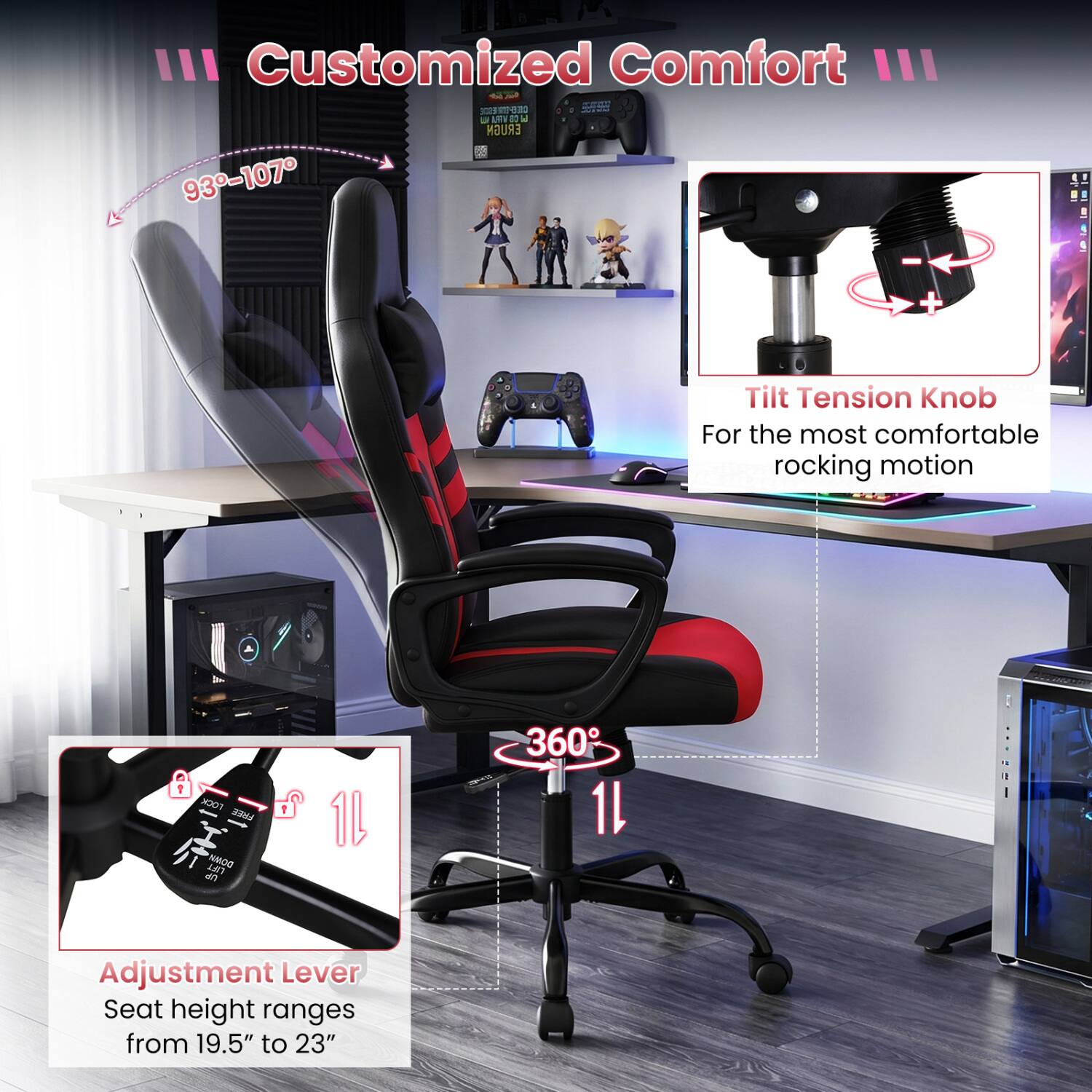 III Customized Comfort III

CILEFORESSE AIRTIFIA CS W ERUGN 93-107

Tilt Tension Knob
For the most comfortable rocking motion

rock FREE LIFT DOWN UP

Adjustment Lever
Seat height ranges from 19.5" to 23"