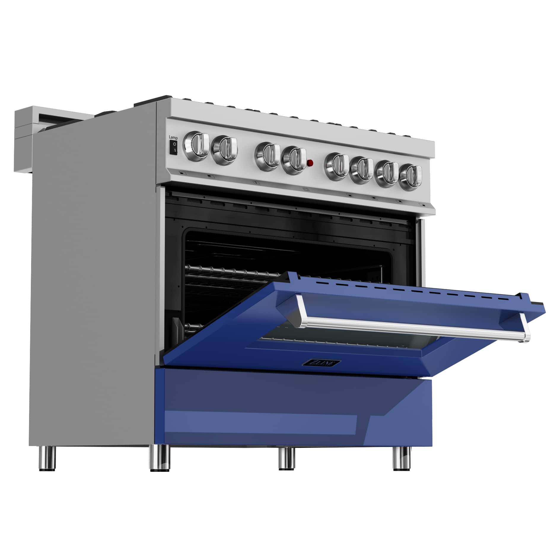 Left. ZLINE - ZLINE 36 in. Legacy Dual Fuel Range in Satin Stainless Steel & Blue Matte Door (RAS-BM-36) - Stainless Steel/Blue Matte Door.