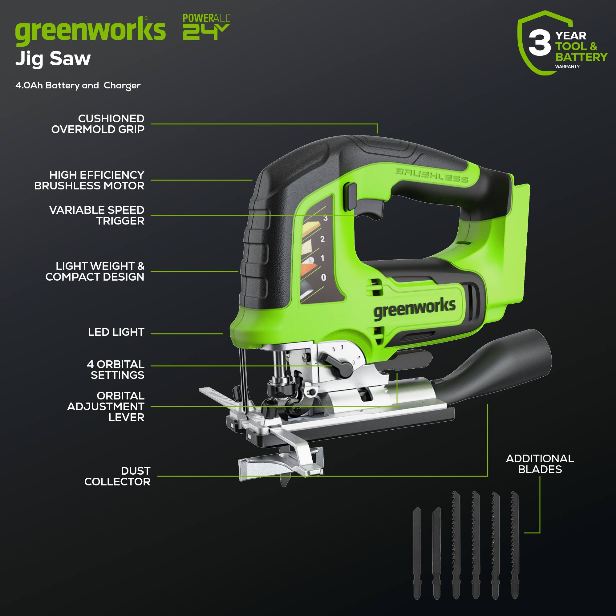 POWERALL greenworks 24 Jig Saw 4.0Ah Battery and Charger  
YEAR 3 TOOL & BATTERY  
MASANIY CUSHIONED OVERMOLD GRIP  
HIGH EFFICIENCY BRUSHLESS MOTOR  
BAUSHLSS VARIABLE SPEED TRIGGER  
LIGHT WEIGHT & COMPACT DESIGN  
LED LIGHT  
4 ORBITAL SETTINGS  
ORBITAL ADJUSTMENT LEVER  
DUST COLLECTOR  
ADDITIONAL BLADES