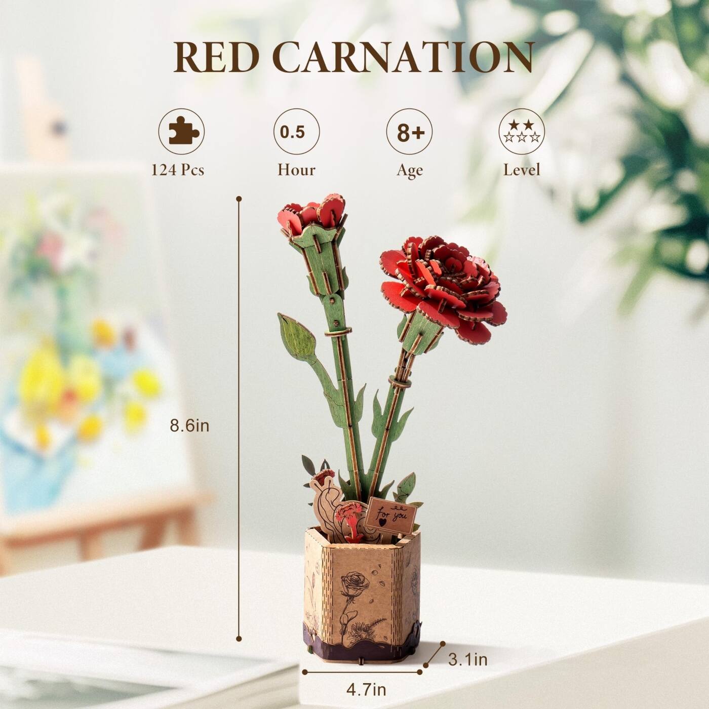 RED CARNATION

- 124 Pcs
- 0.5 Hour
- 8+ Age
- Level 8.6in
- 4.7in
- 3.1in