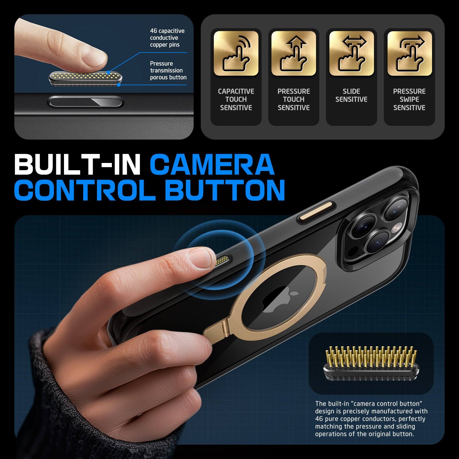 The built-in "camera control button" design is precisely manufactured with 46 pure copper conductors, perfectly matching the pressure and sliding operations of the original button. It features 46 capacitive conductive copper pins for pressure transmission and a porous button. The button is capacitive touch sensitive, pressure touch sensitive, slide sensitive, and swipe sensitive.
