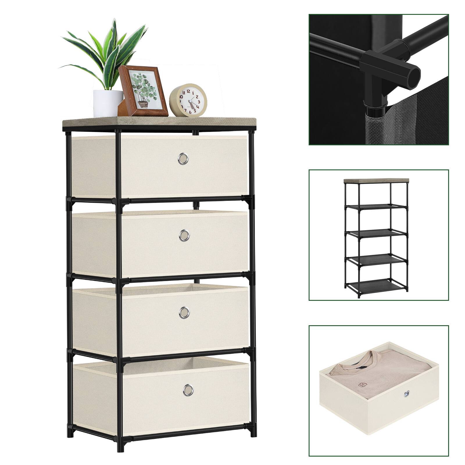 Back. Oumilen - 4-Drawer Fabric Storage Tower with Wood Top, Cream Beige - White.