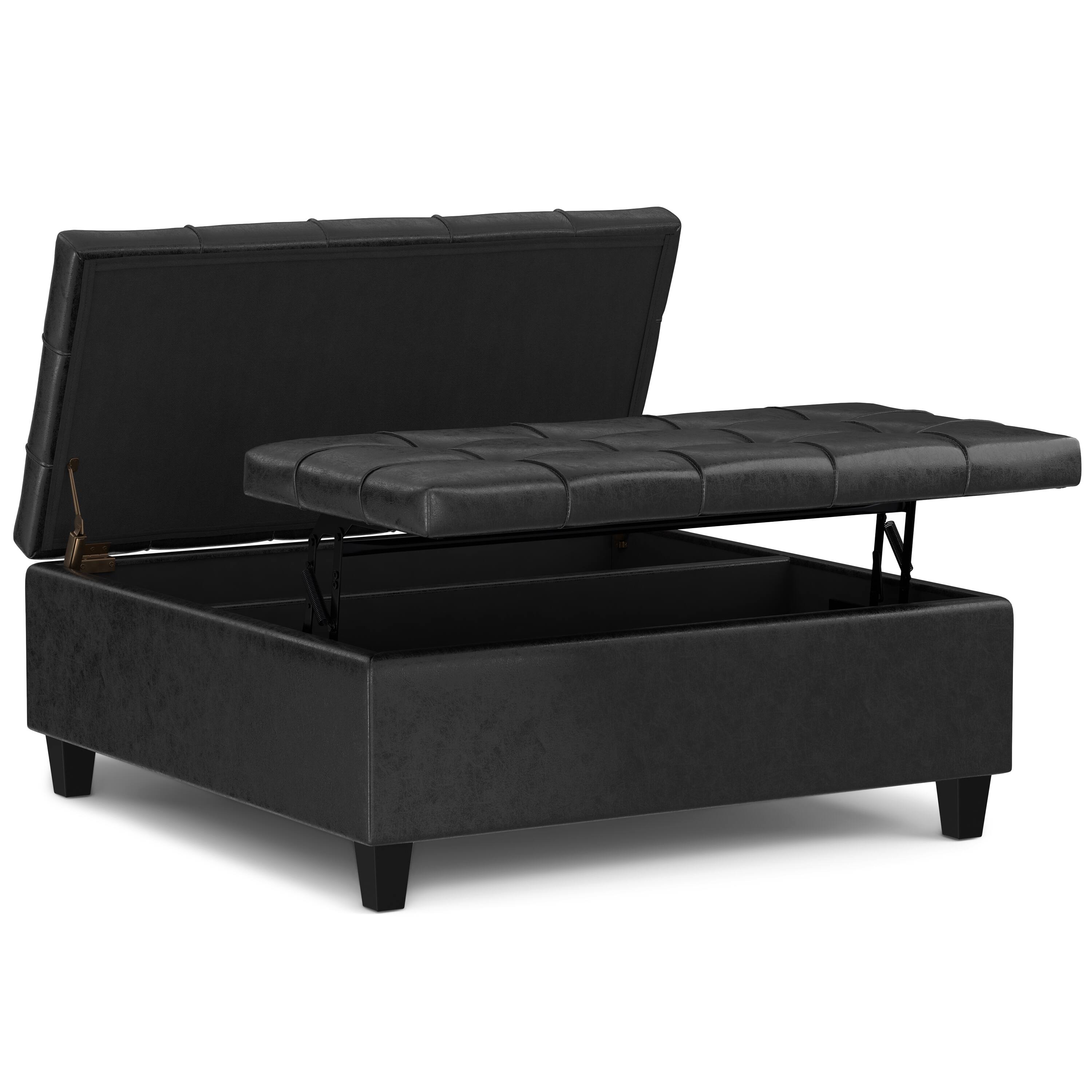 Back. Simpli Home - Harrison 40 inch Wide Large Square Coffee Table Storage Ottoman in Distressed Black Vegan Leather - Distressed Black.