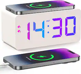 Stamp n Camp - Wood Digital Alarm Clock with 10W Fast Wireless Charger, USB Charging Ports, DST, Dimmable, Snooze, Large Number LED - White-rgb