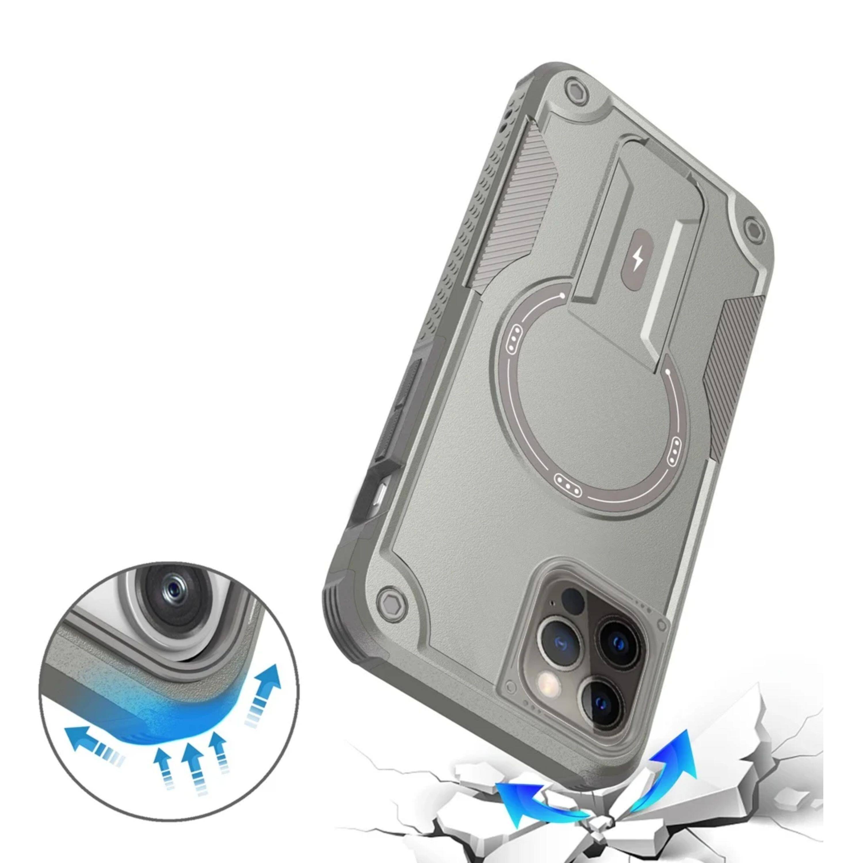 Back. Kitcheniva - Magnetic Circle Rugged Grip Kickstand Phone Case With Tempered Glass For iPhone 12/12 Pro Grey - Grey.