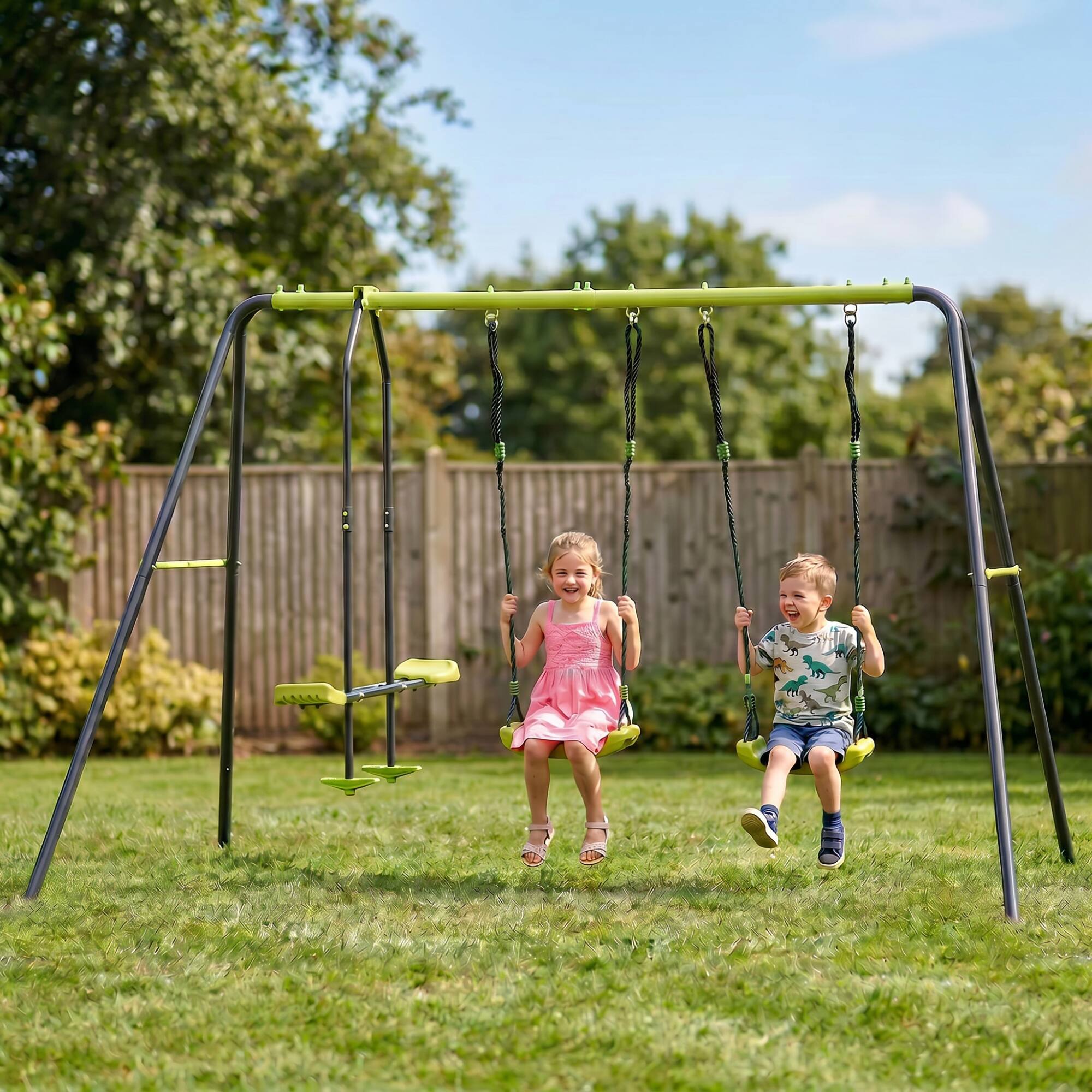 Angle. Loheer - 11.16 ft Metal Swing Set with Face-to-Face Glider and 2 Belt Swings for Backyard - Lime green.