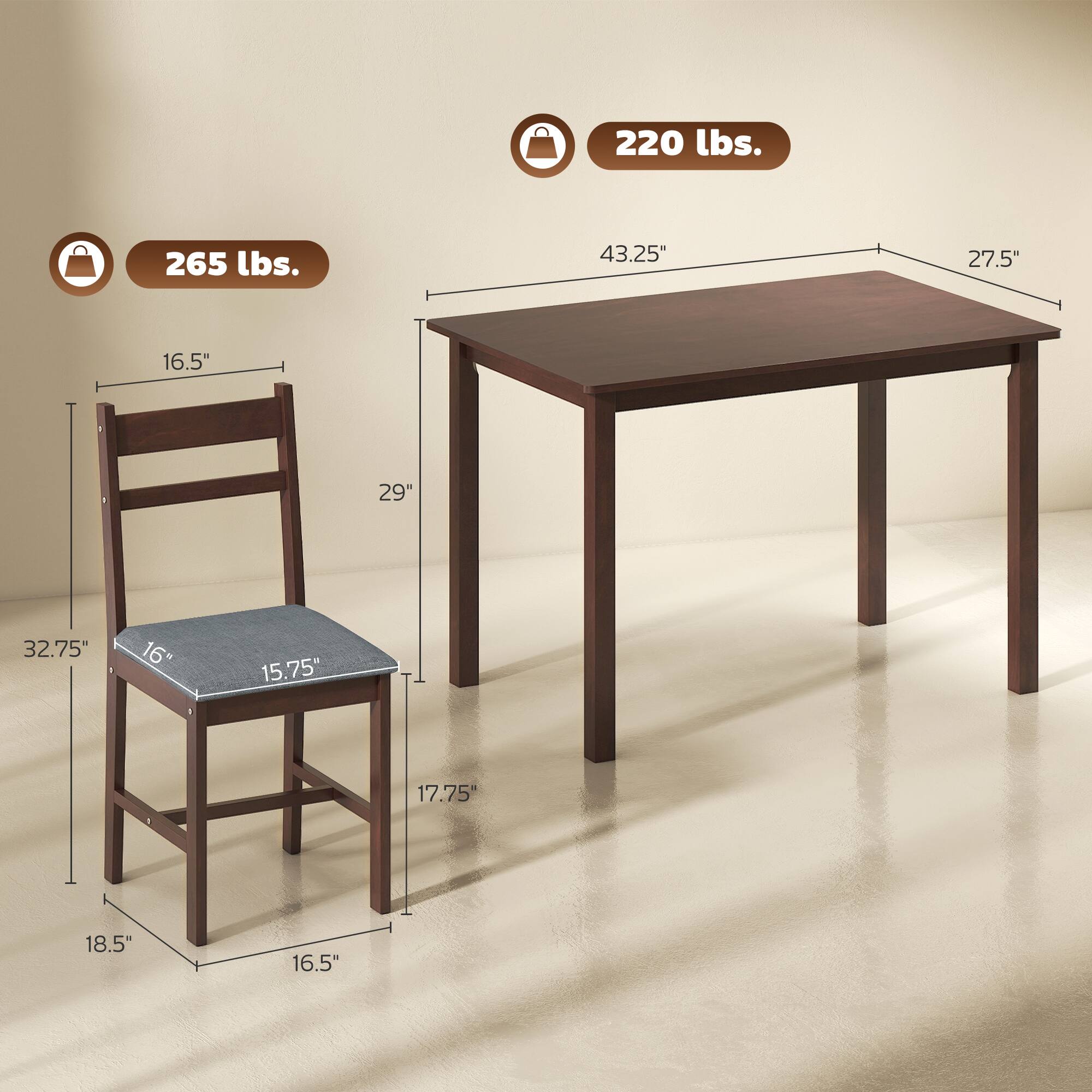 220 lbs.  
265 lbs.  
43.25"  
27.5"  
16.5"  
29"  
32.75"  
16"  
15.75"  
17.75"  
18.5"  
16.5"