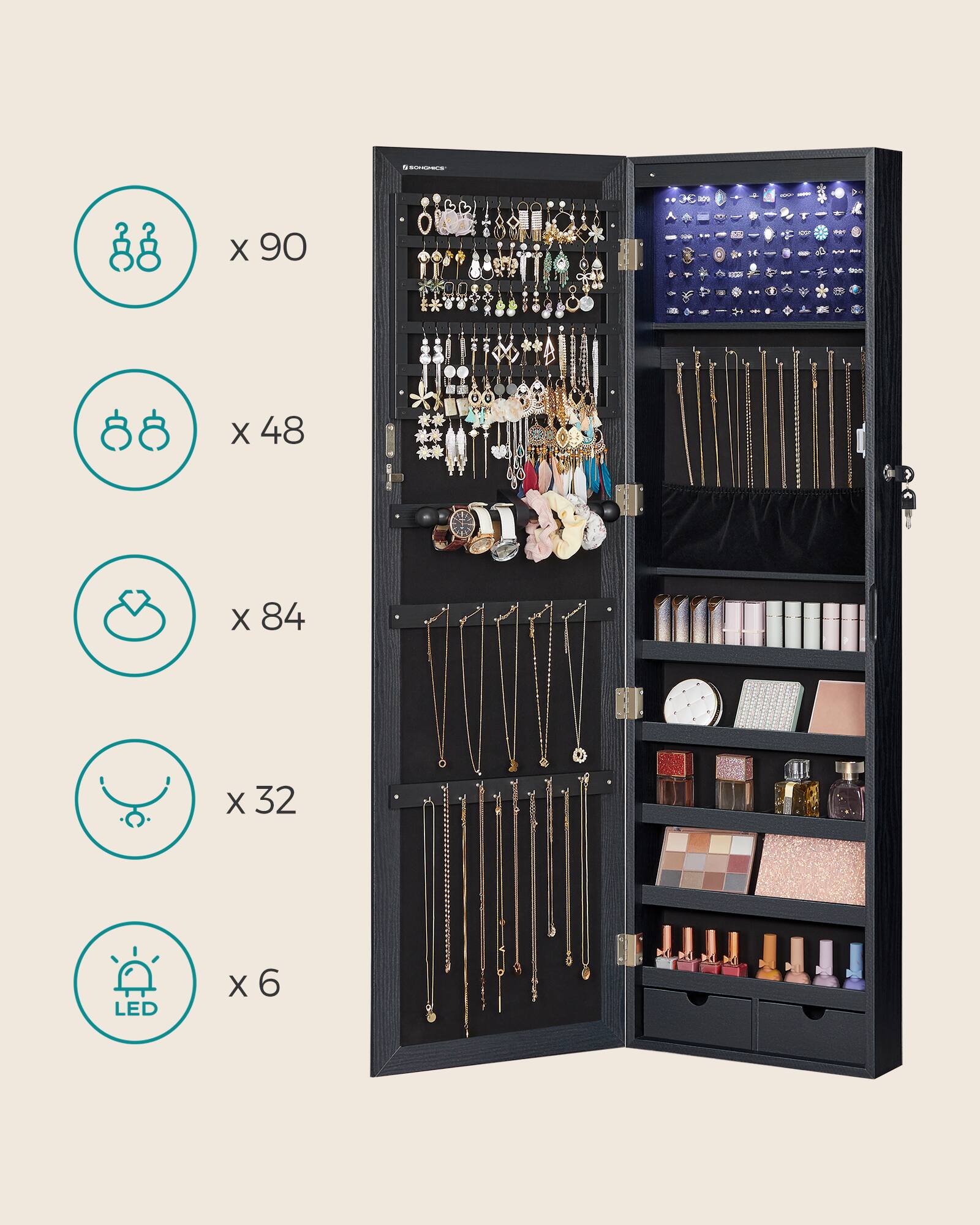 Left. Songmics Home - 6 LEDs Mirror Jewelry Cabinet, 47.2-Inch Tall Lockable Wall or Door Mounted Jewelry Armoire Organizer with Mirror - Black.