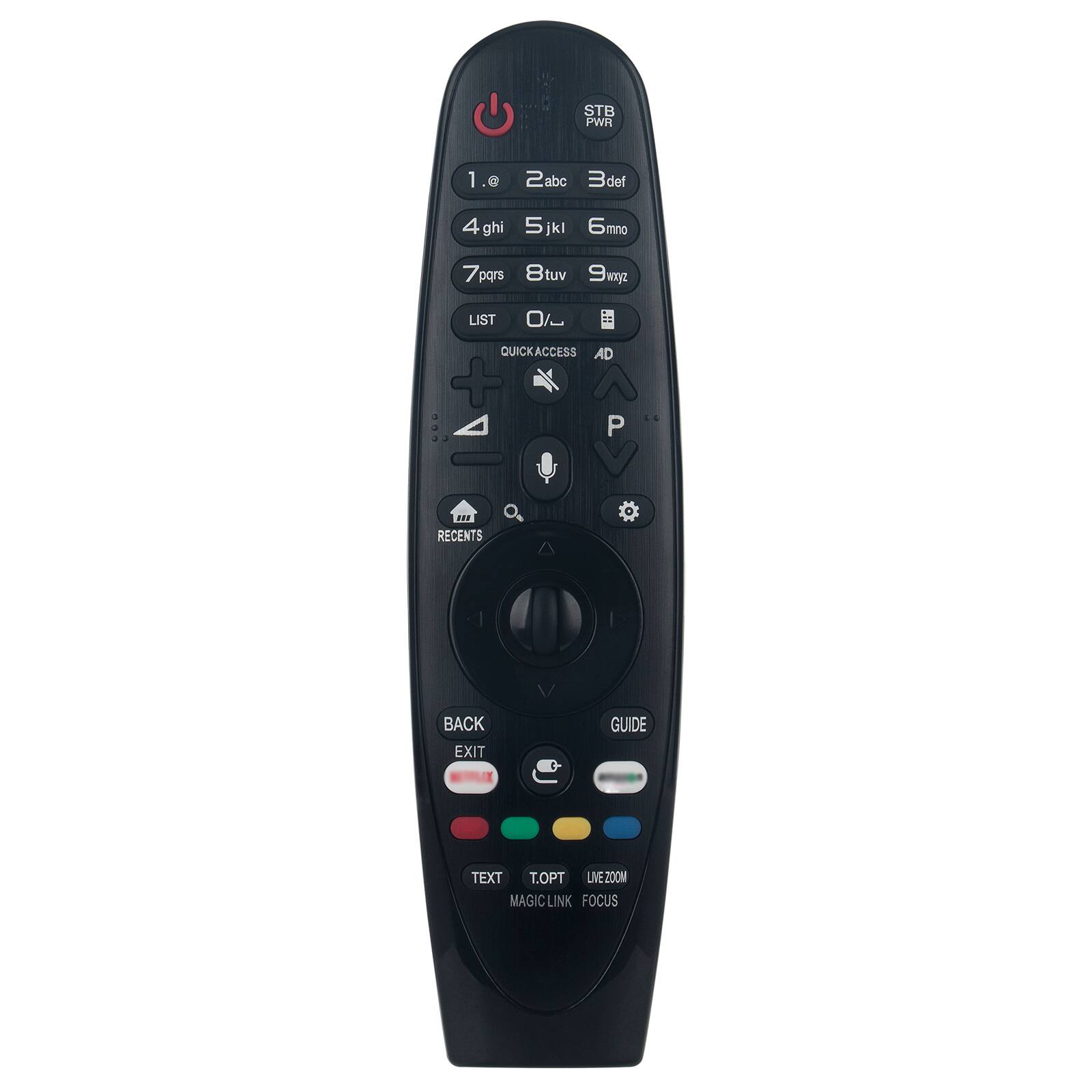 STB PWR  
1. a 2 abc 3 def  
4 ghi 5 jkl 6 mno  
7 pqrs 8 tuv 9 wxyz  
LIST 0/ QUICKACCESS AD + a P  
RECENTS BACK EXIT GUIDE TEXT T.PT LIEZ0OM MAGIC LINK FOCUS