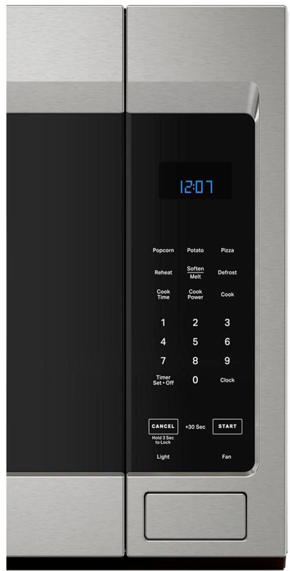 The text on the image reads:

12:07

Popcorn
Potato
Pizza
Reheat
Soften
Melt
Defrost
Cook Time
Cook Power
Cook 1
Cook 2
Cook 3
Cook 4
Cook 5
Cook 6
Cook 7
Cook 8
Cook 9
Timer Set Off
0
Clock
CANCEL
+30 Sec
START
Hold 3 Sec to Lock
Light
Fan