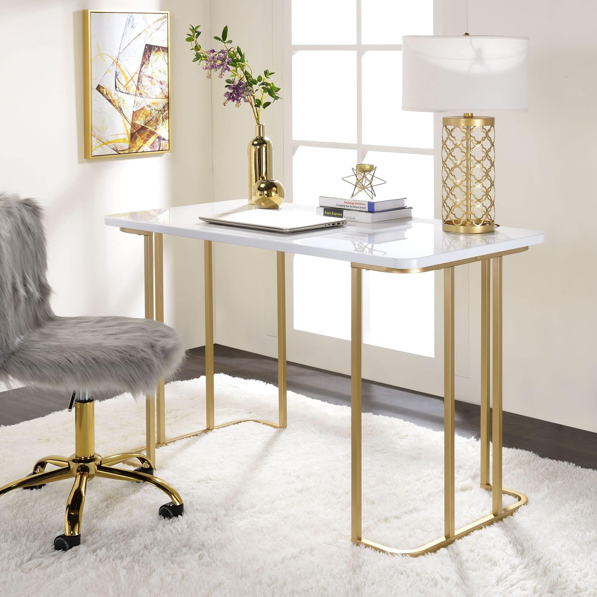 GOODSILO - Contemporary White and Gold Writing Desk with Open Base Design for Home Office and Study Spaces - Gold+White